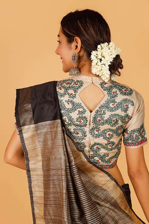 'Radha's stroll' Handpainted Madhubani Tussar Silk Blouse — image 6 of 7