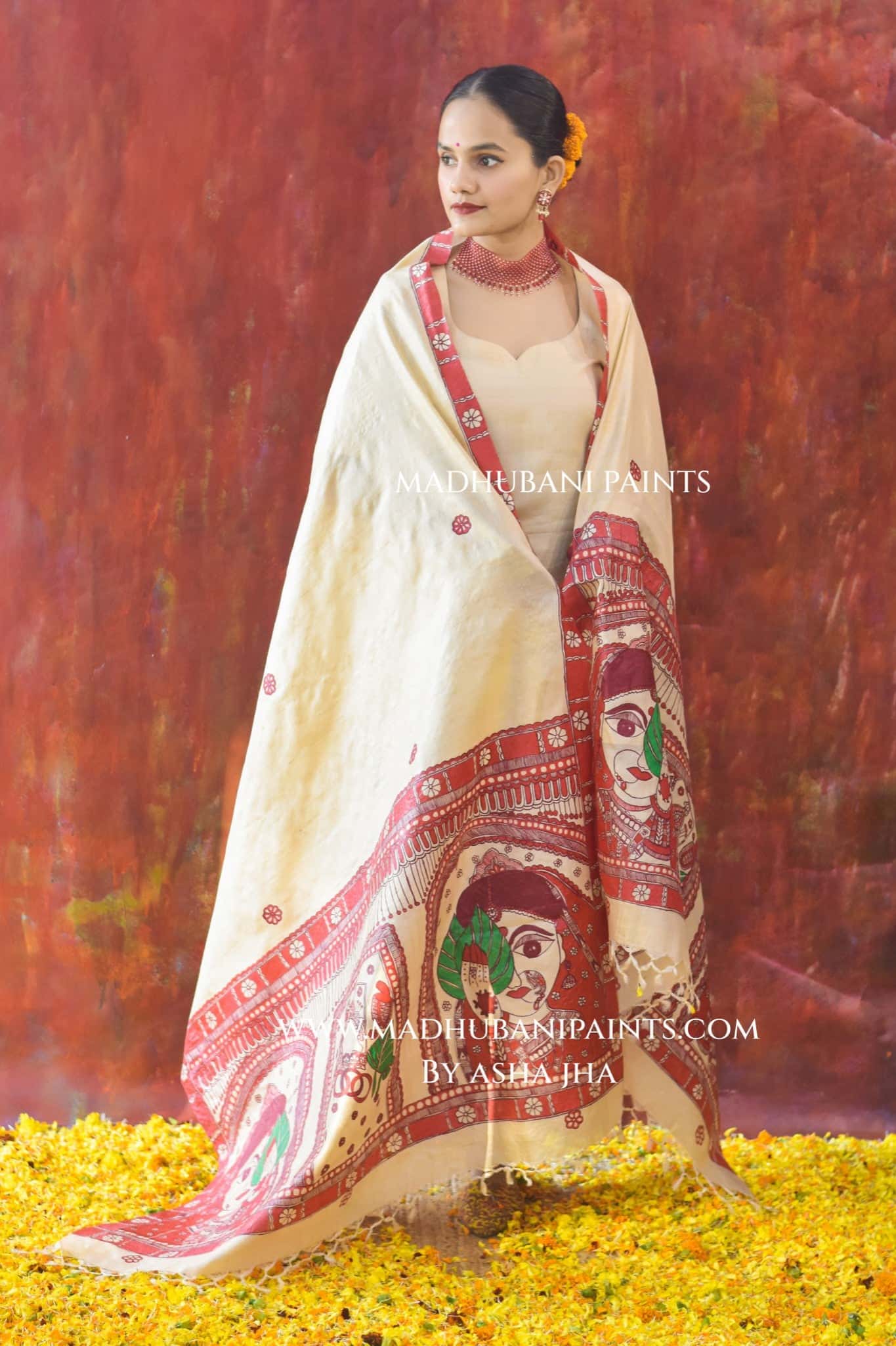 'BENGALI DULHAN' Handpainted Madhubani Tussar Silk Dupatta — image 2 of 5