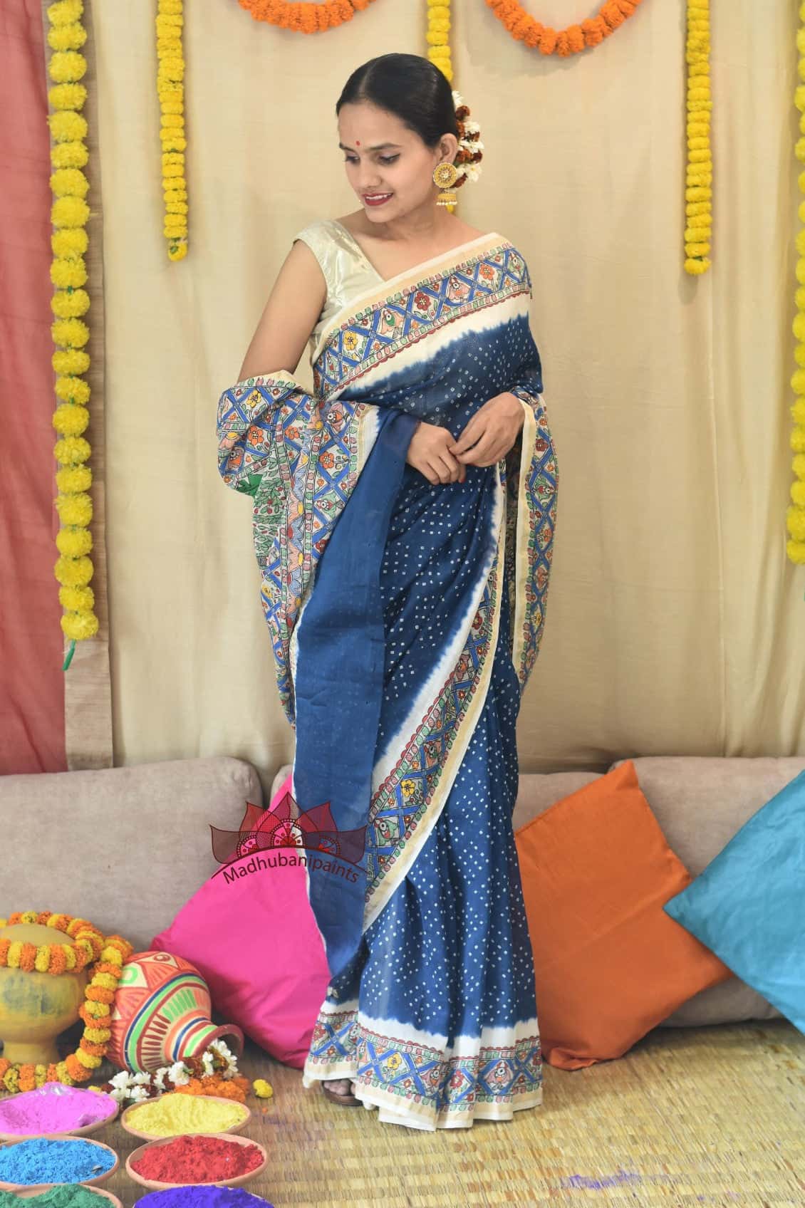 Neeli Vrindavan Bandhej Hand Painted Saree — image 3 of 7