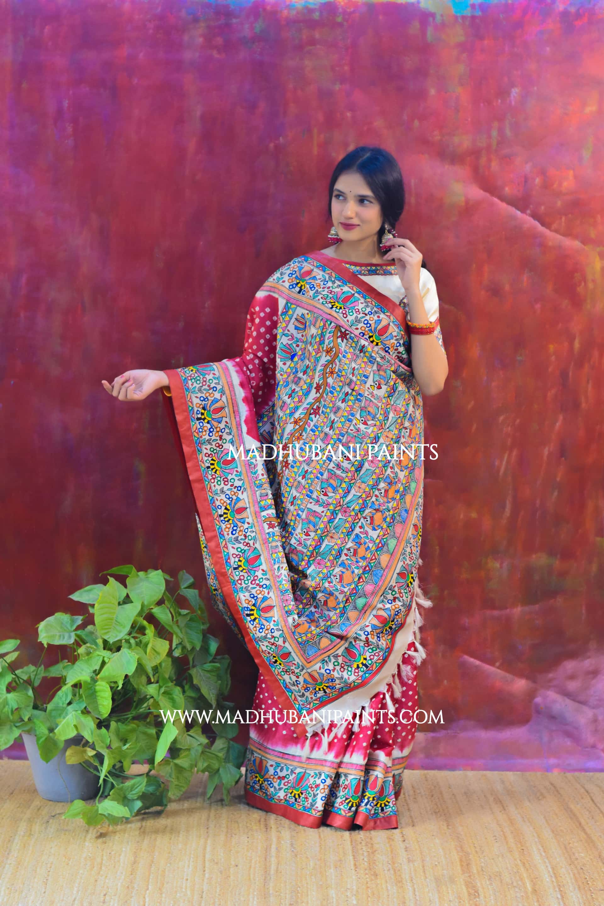 LAALI Handpainted Tussar Silk Bandhini Madhubani Saree Blouse Set — image 6 of 9