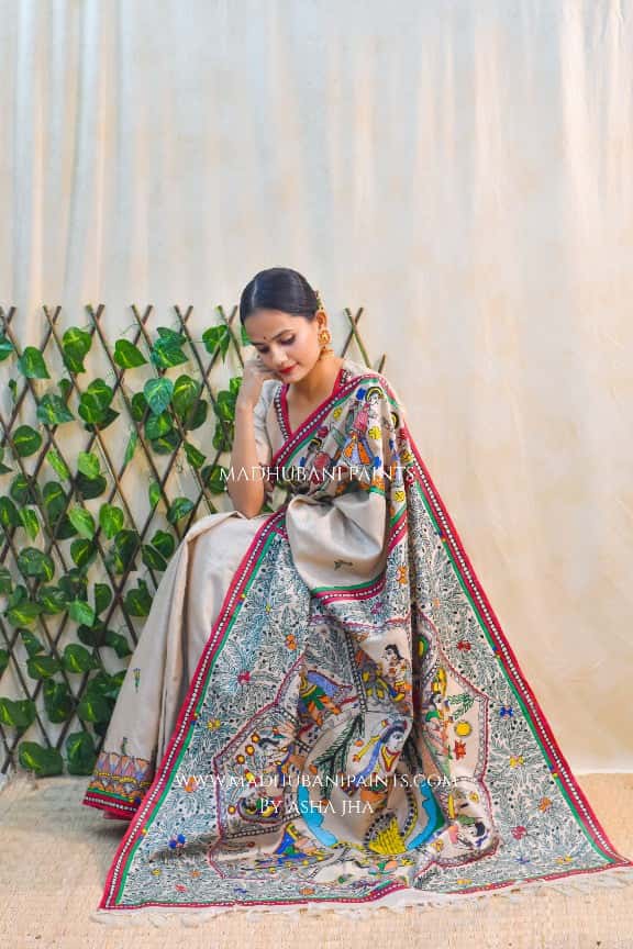 NANDGOPALA RADHA' Handpainted Madhubani Tussar Silk Saree Blouse set — image 4 of 8