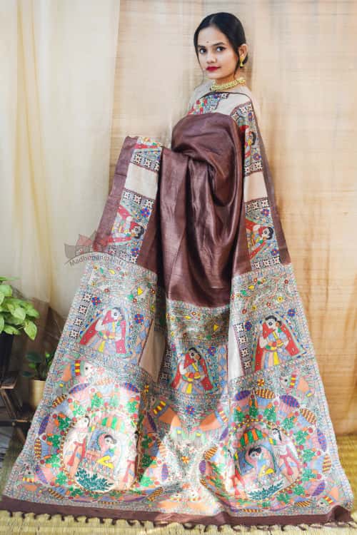 'MITHILA KOHBAR' Handpainted Madhubani Brown Tussar Silk Saree — image 3 of 6