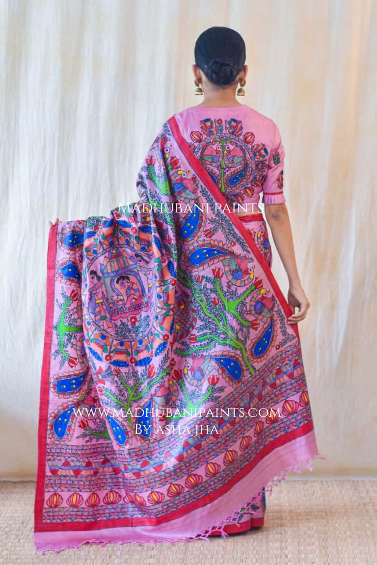 GULABI MAYURI DOLI Madhubani Painting Saree Blouse set — image 2 of 9