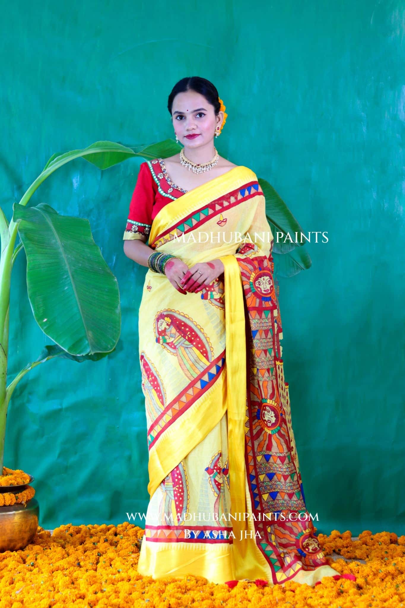 Chhath Puja Handpainted Madhubani Handloom Cotton Saree — image 7 of 9
