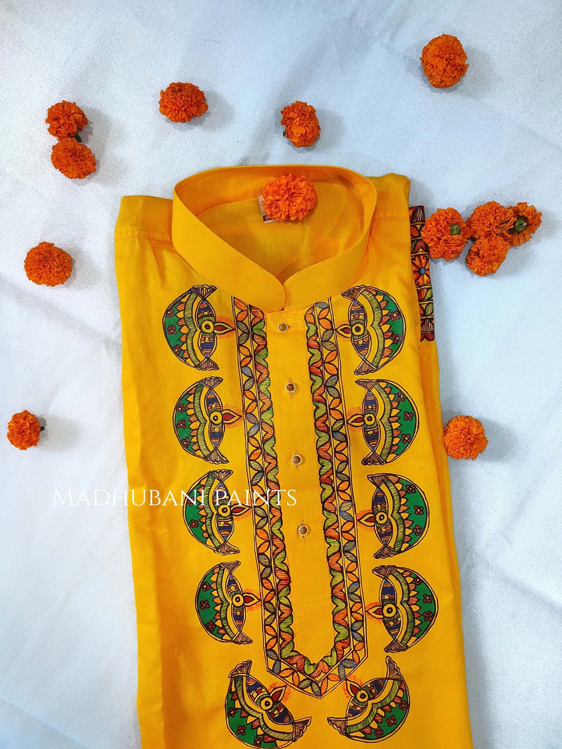 Yellow Diya Hand-painted Handloom Men's Cotton Kurta — image 3 of 5
