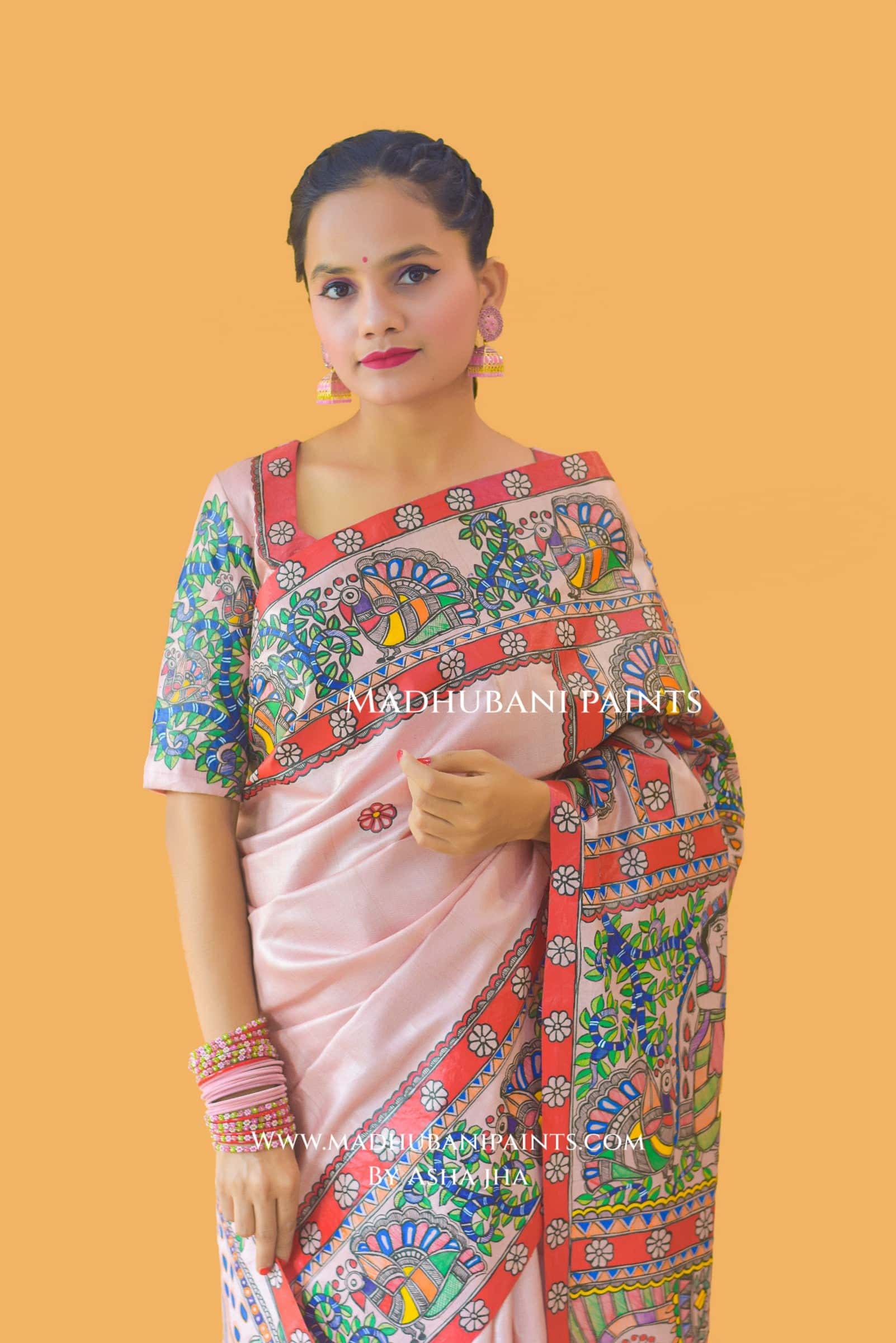 "RAMAYAN STUTI" Hand-painted Madhubani Tussar Silk Saree — image 3 of 6