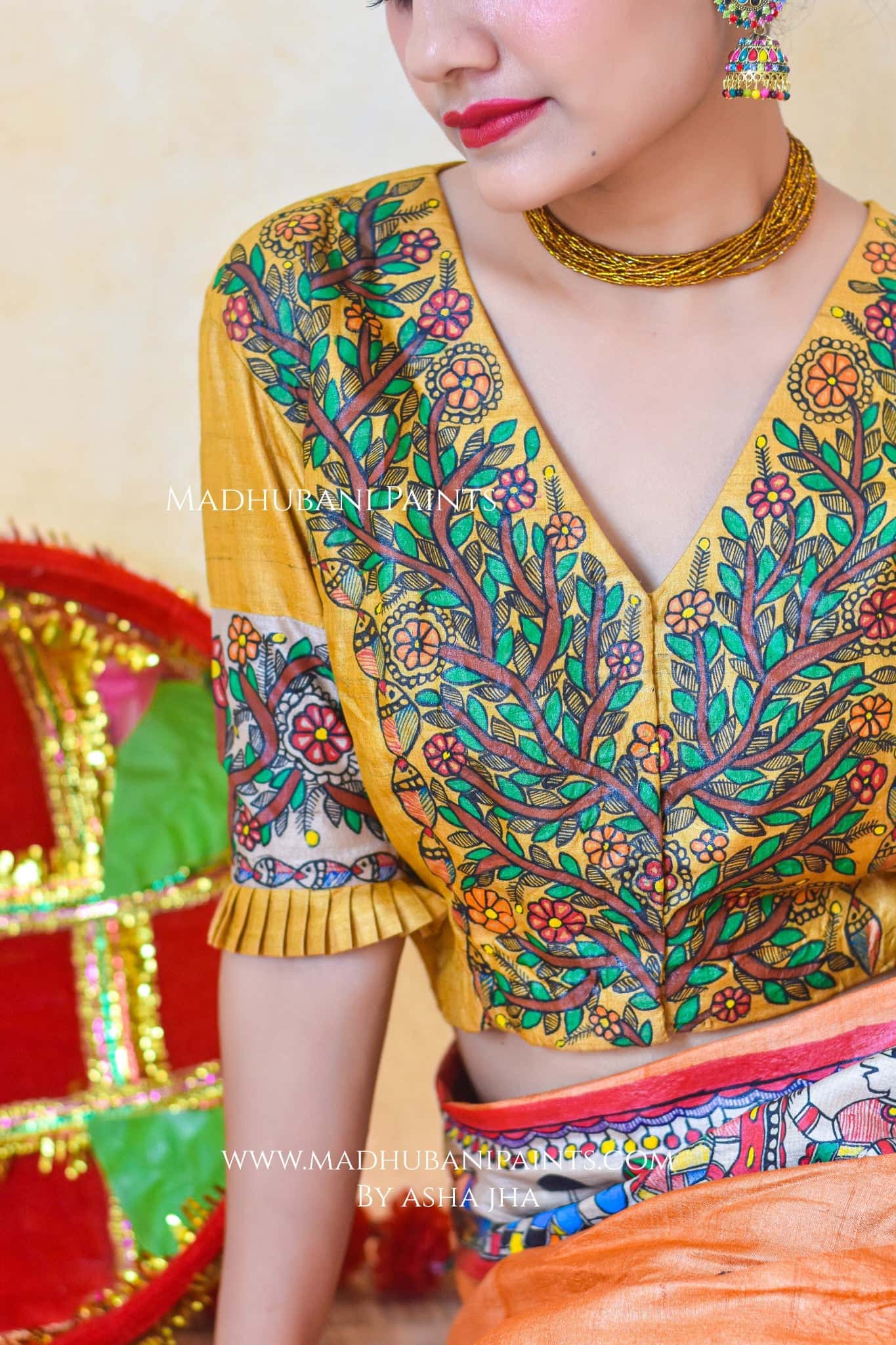 "MITHILA KOHBAR" Rust Orange Hand Painted Madhubani Tussar Silk Saree Blouse set — image 4 of 8