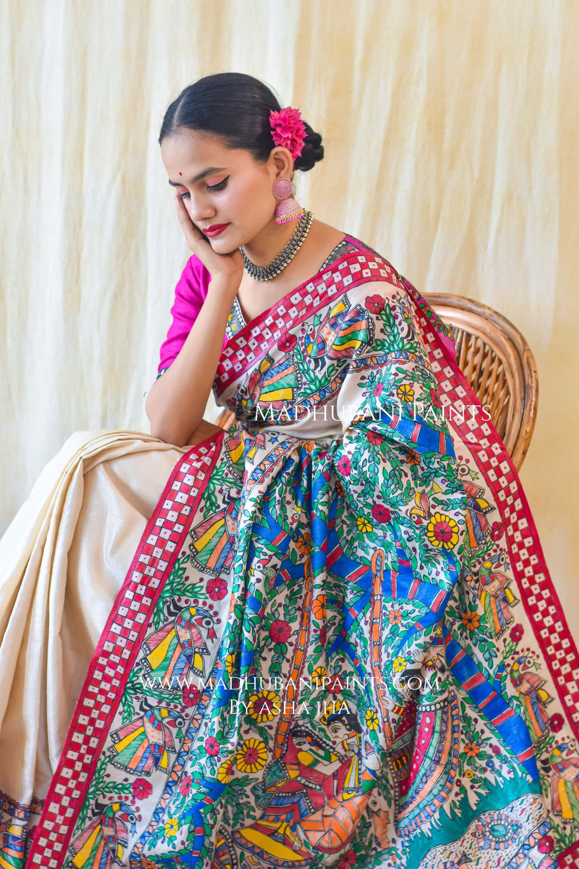 MADHURIMA Hand-painted Madhubani Tussar Silk Saree Blouse Set — image 6 of 11