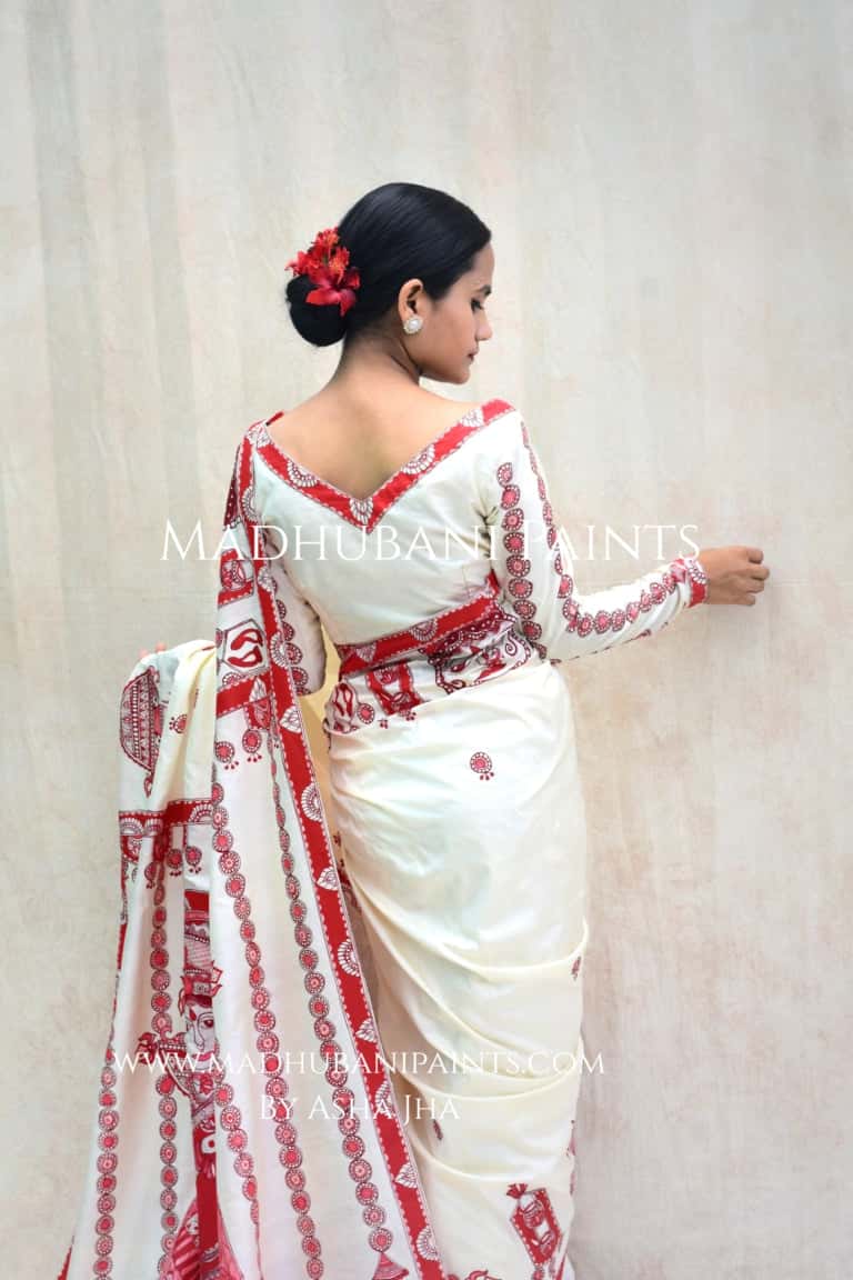 'BRAHMCHARINI' Handpainted Madhubani Bishnupuri Silk Saree Blouse Set — image 11 of 12