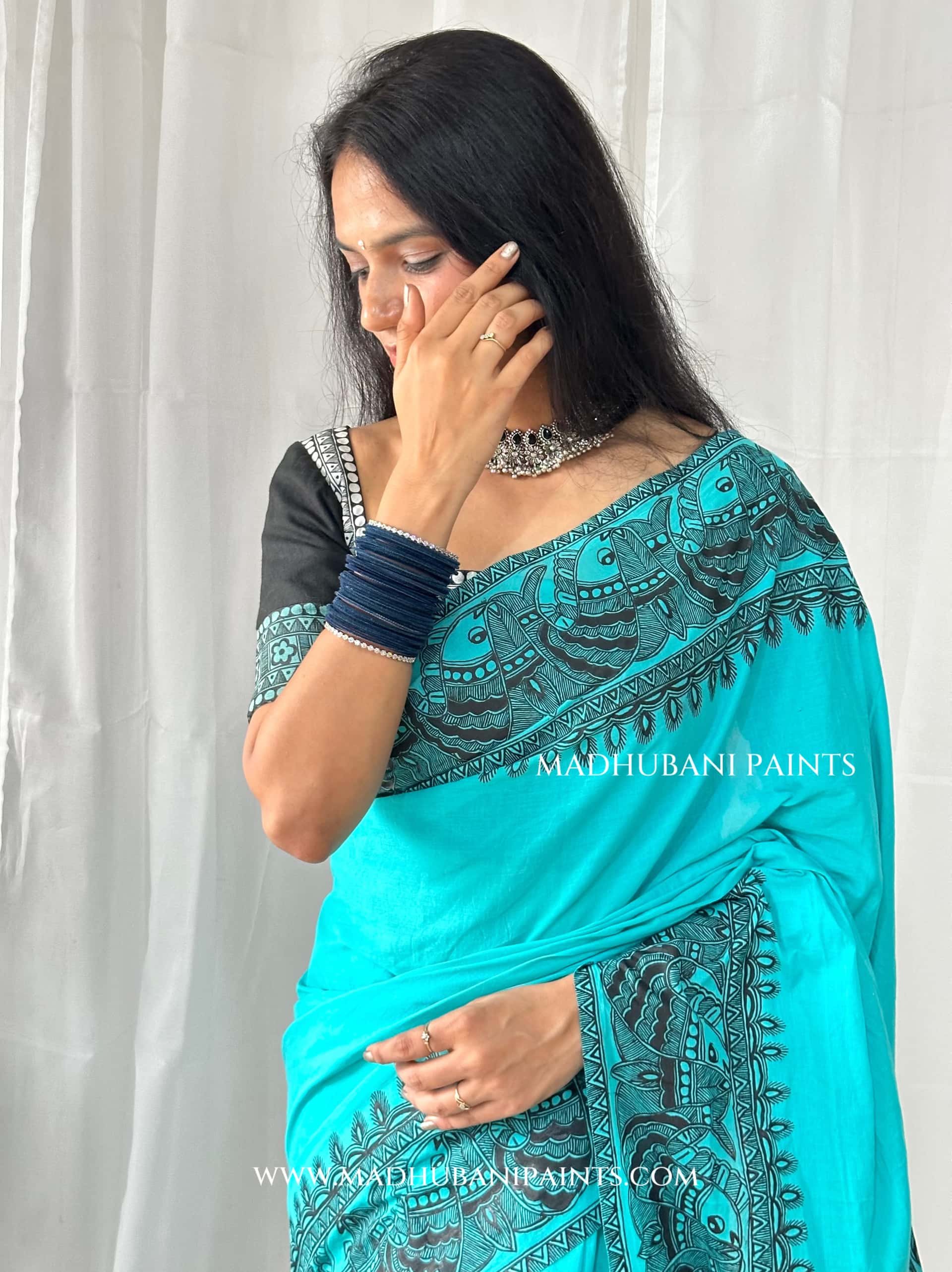Aasmani Shringar Hand-painted Madhubani Painting Cotton Saree — image 2 of 10