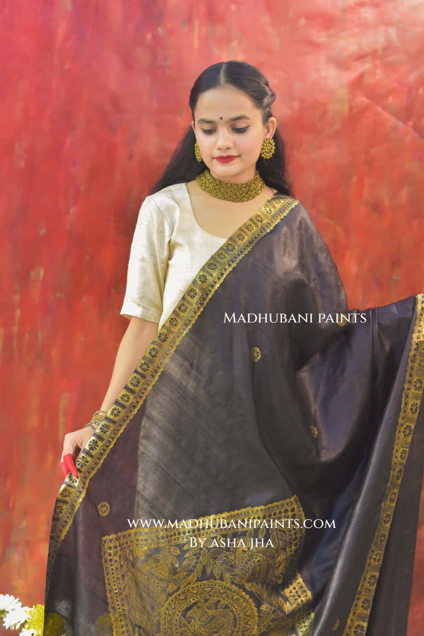 'KAALI MORNI' Handpainted Madhubani Tussar Silk Dupatta — image 3 of 6