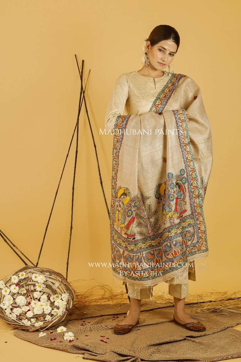Radha Krishna Love Madhubani Handpainted Pure Handwoven Tussar Silk Dupatta — image 3 of 3