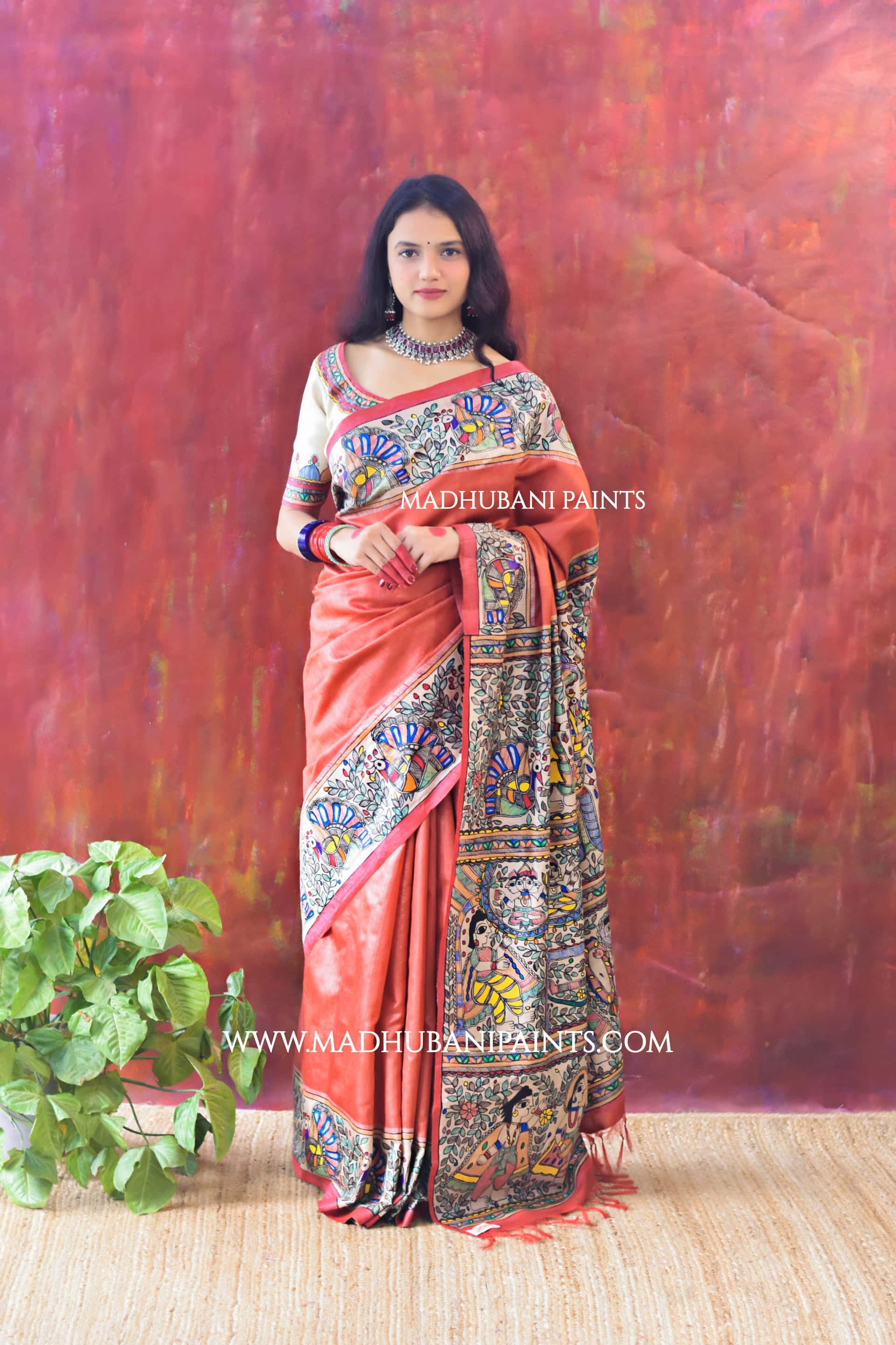 "Laal Ramayan" Hand-painted Madhubani Tussar Silk Saree — image 5 of 6