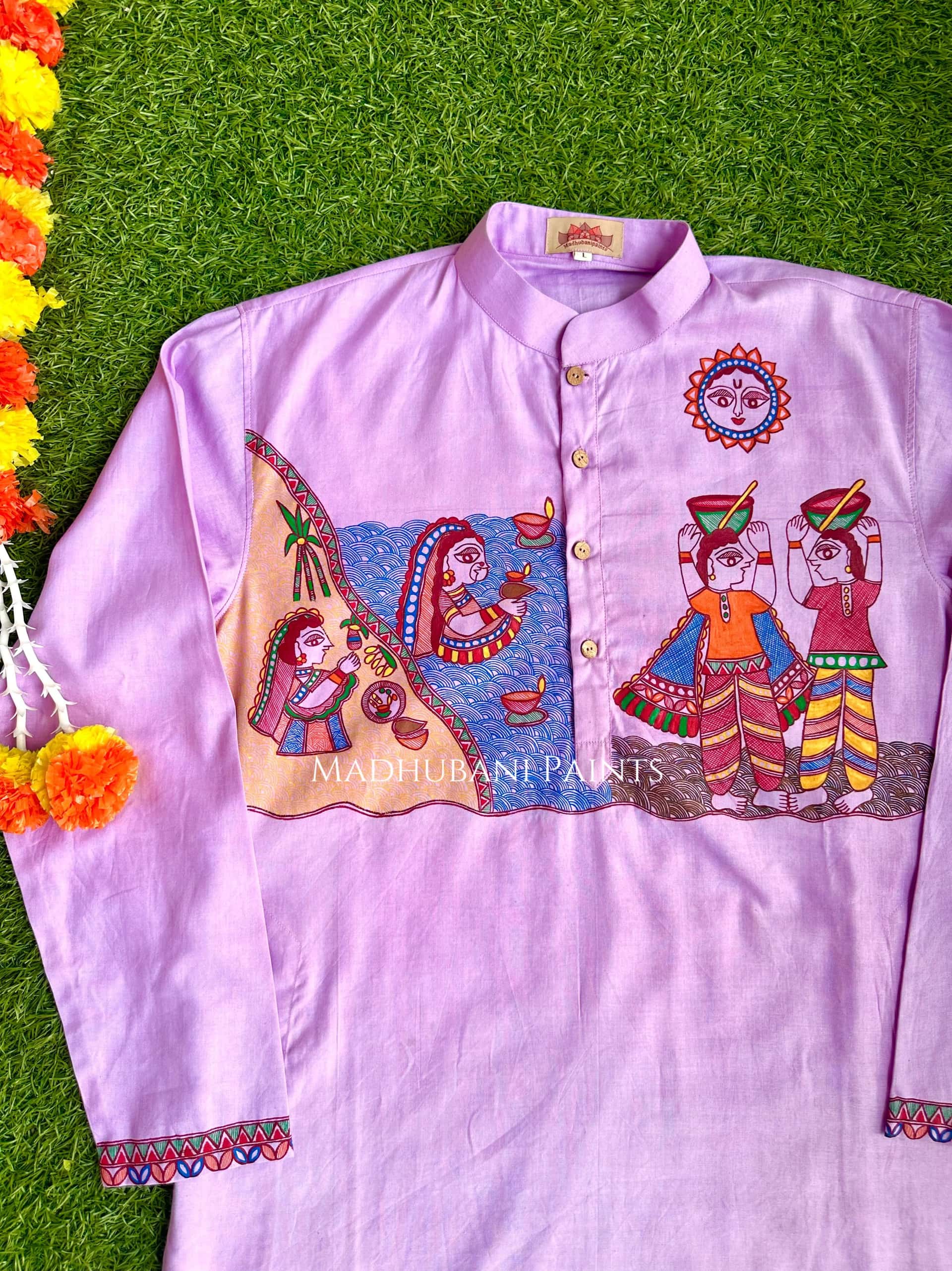 Purple Chhath Puja Hand-painted  Madhubani Men's Cotton Kurta