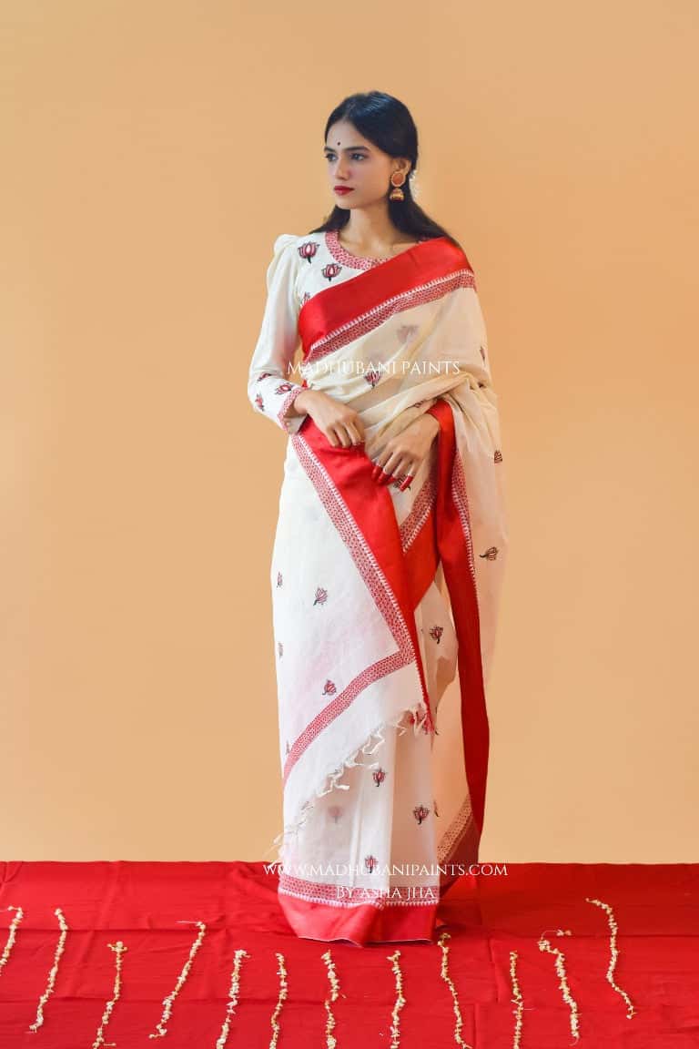 'SINDOORI' Handpainted Madhubani Cotton Saree — image 5 of 8