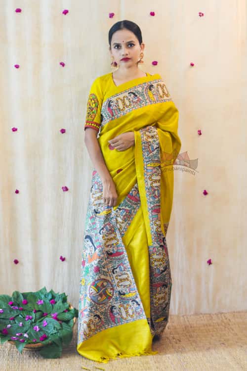 'MITHILA KOHBAR' Yellow Tussar Silk Saree — image 4 of 6