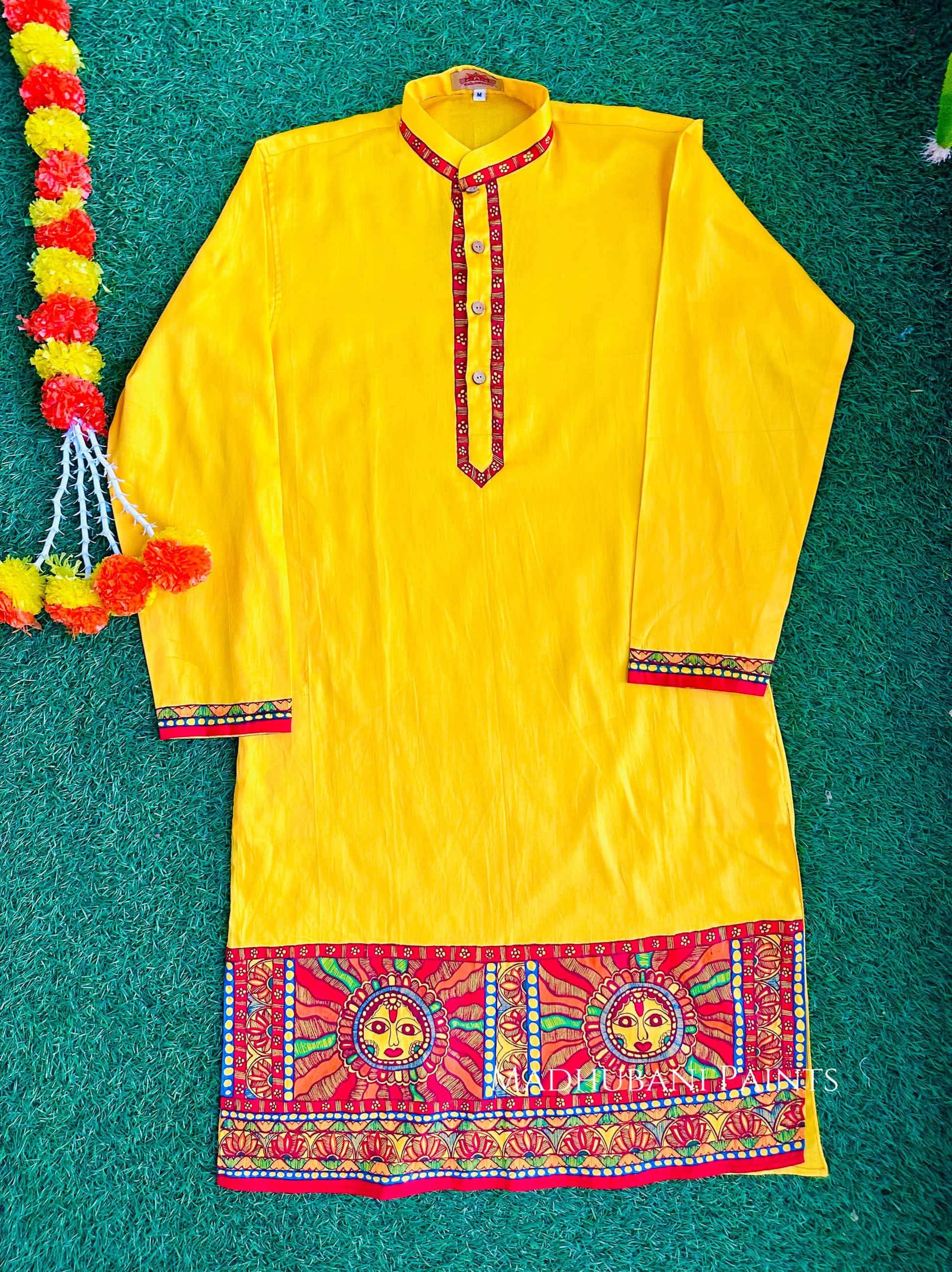 Sunehri Chhath Puja Hand-painted  Madhubani Men's Cotton Kurta — image 3 of 5