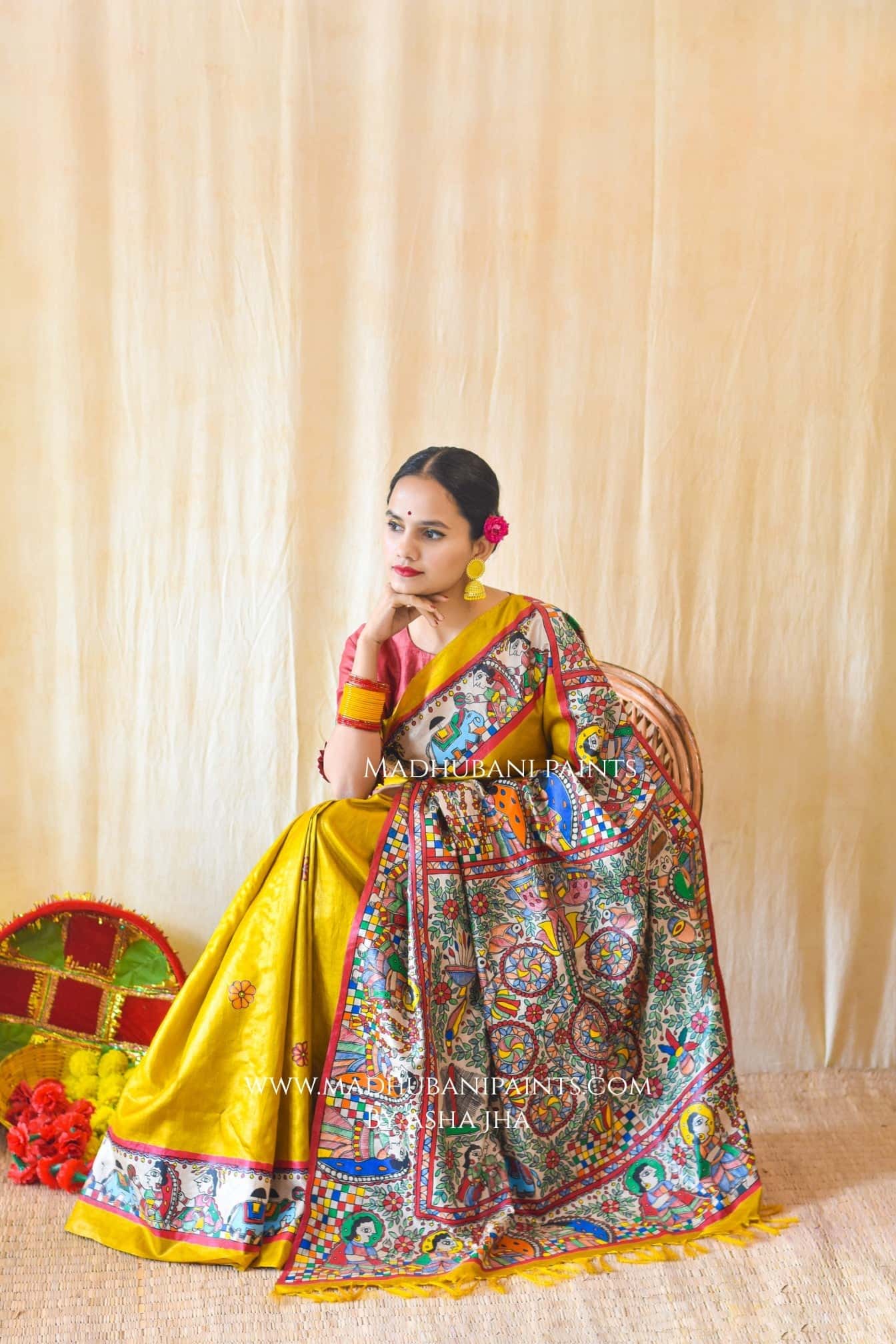 Mithila Kohbar Hand Painted Madhubani Tussar Silk Saree Blouse — image 6 of 10