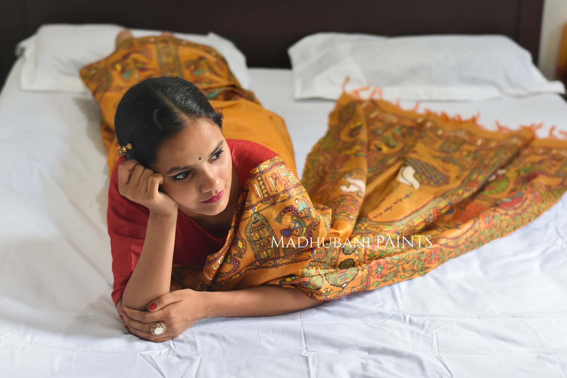 'SAI BABA' Handpainted Madhubani Tussar Silk Saree — image 6 of 8