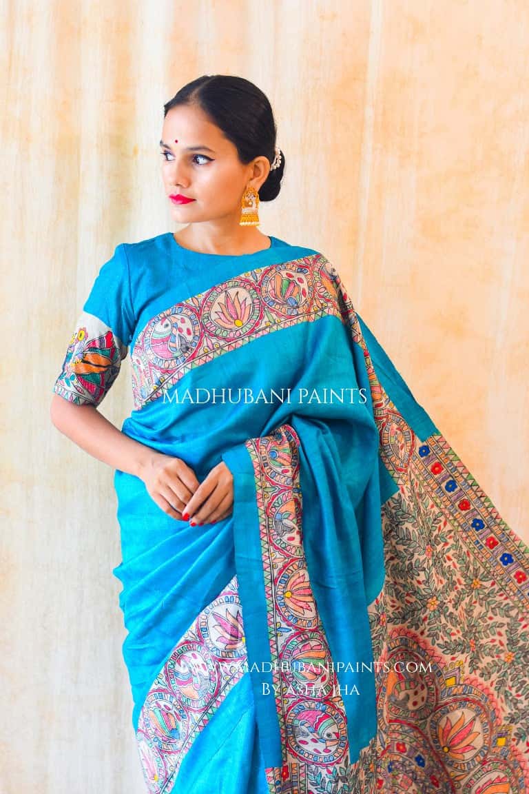 SAANKH KAMAL' Handpainted Madhubani Tussar Silk Saree — image 3 of 9