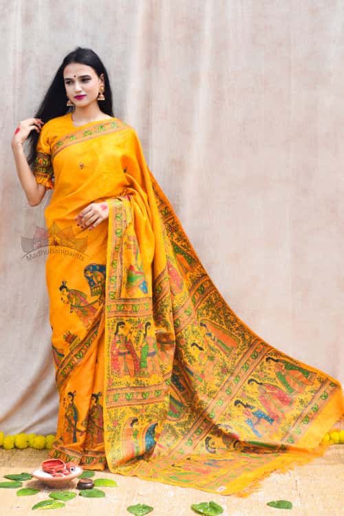 'VIVAH' Handpainted Madhubani Tussar Silk Saree Blouse Set — image 2 of 7
