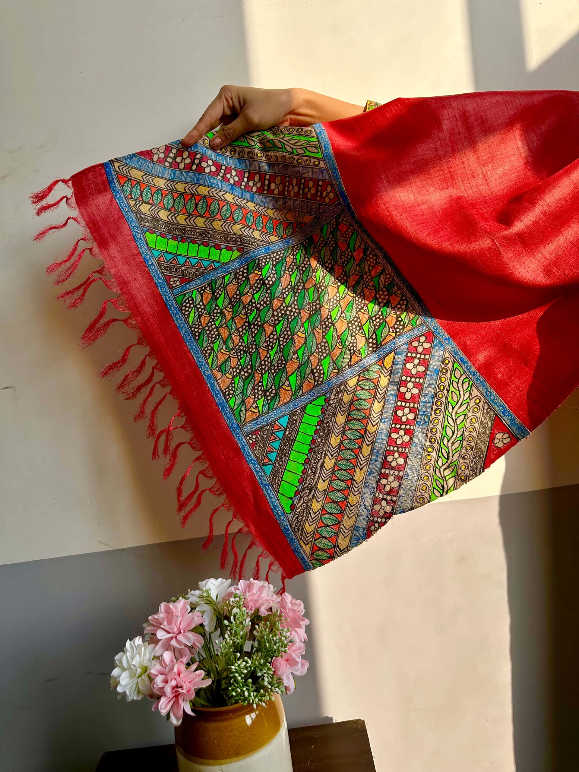 Bharni Fish Hand-painted Madhubani Tussar Silk Stole — image 3 of 3