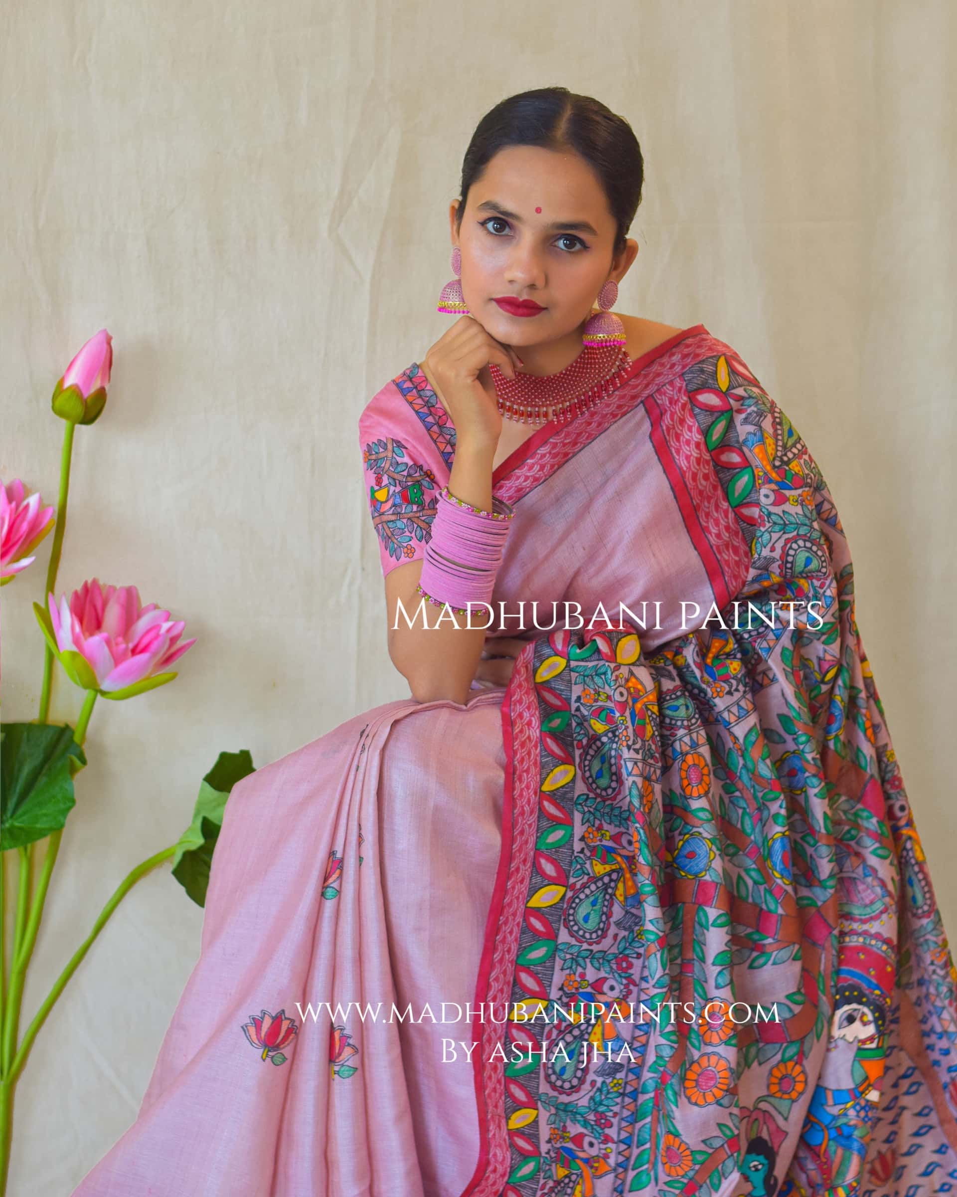 'KEVAT PREM'  Handpainted Madhubani Tussar Silk Saree Blouse Set — image 10 of 12