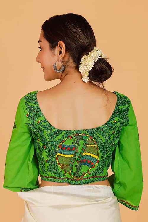 'Morni' Handpainted Madhubani Handloom Cotton Blouse — image 4 of 7