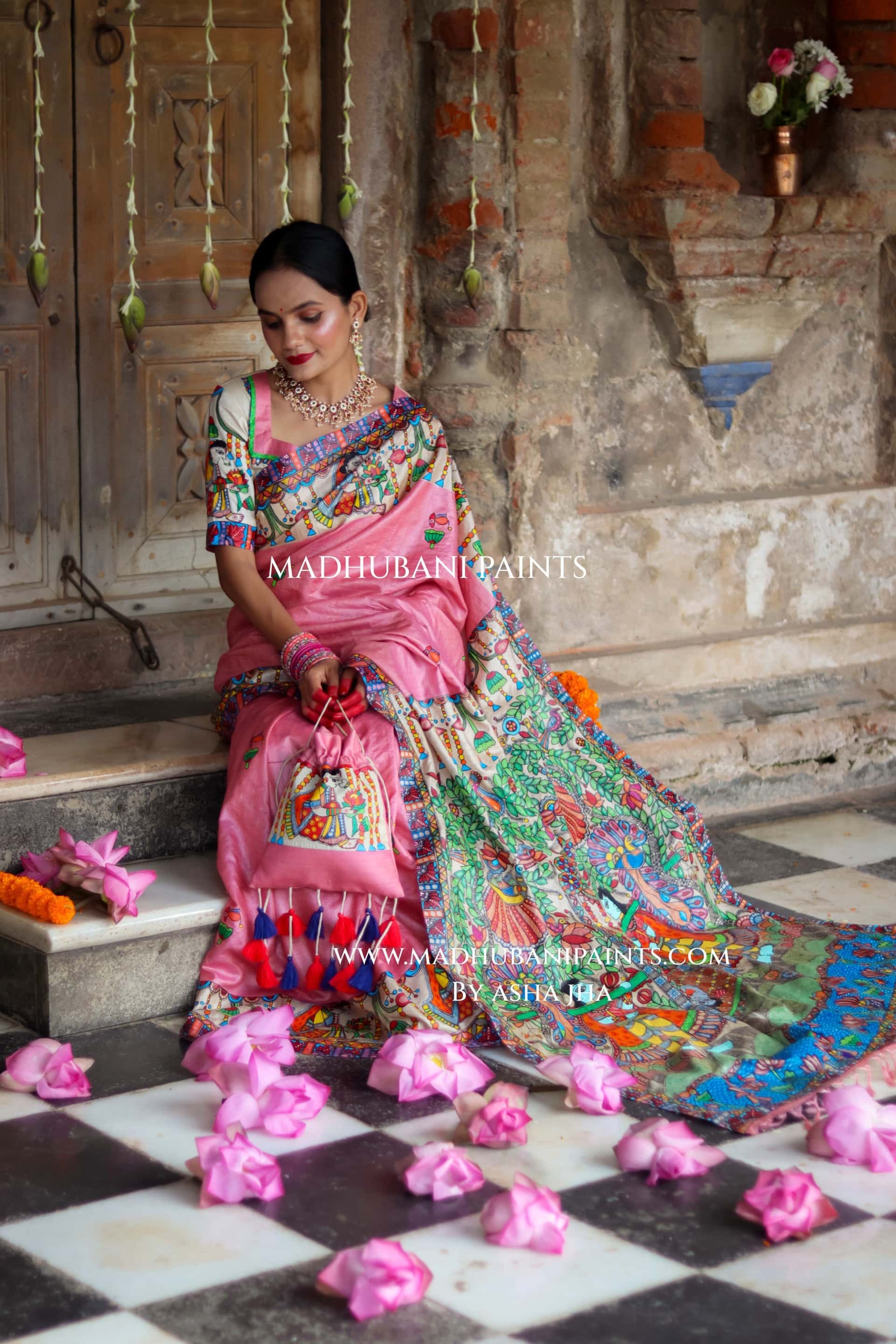 Durga Ji Ki Palki Handpainted Tussar Silk Madhubani Saree — image 4 of 9