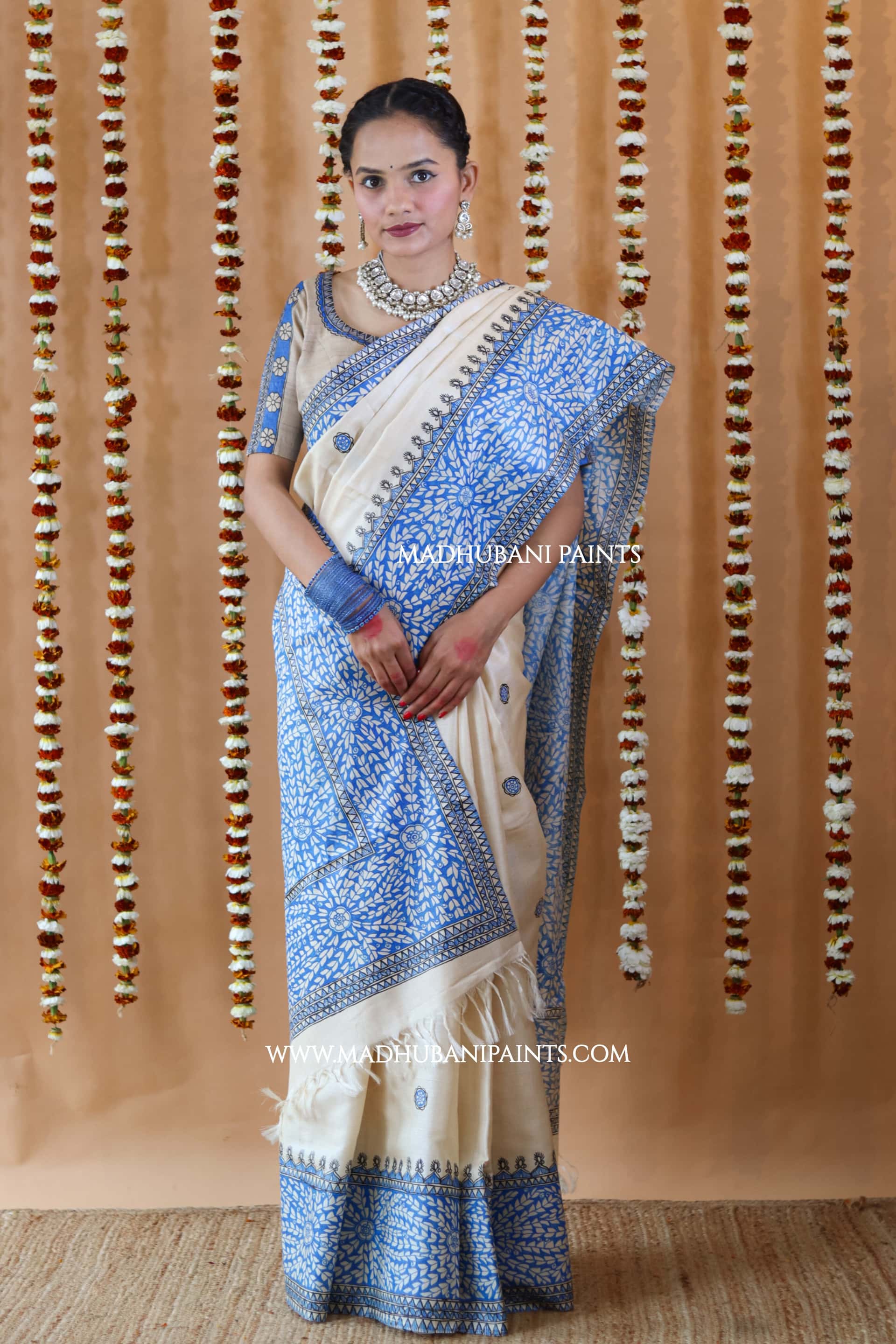 Blue Patta Handpainted Tussar Silk Saree — image 7 of 10
