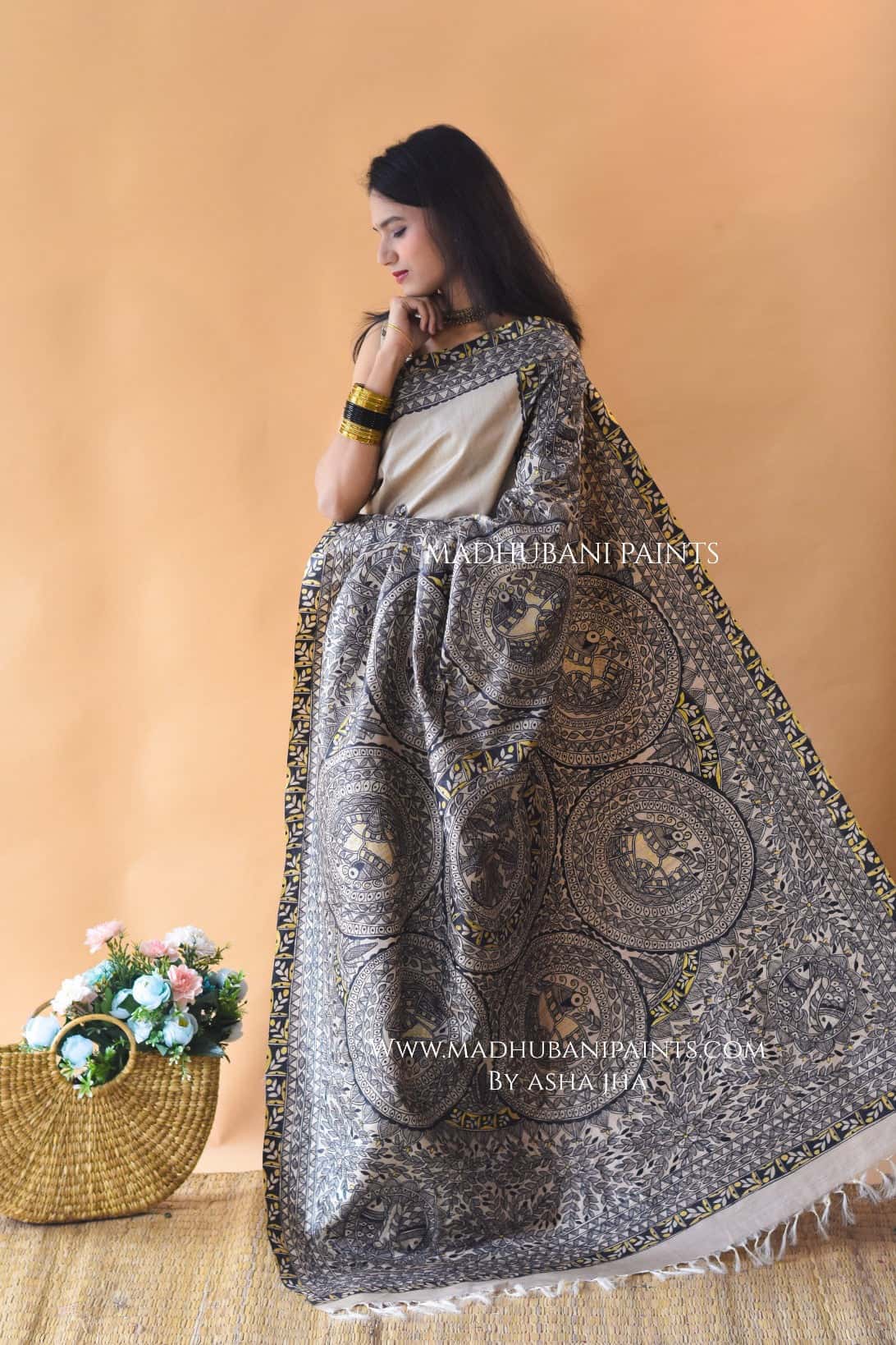 MITHILA KI MORNI Hand painted Madhubani Saree — image 2 of 5