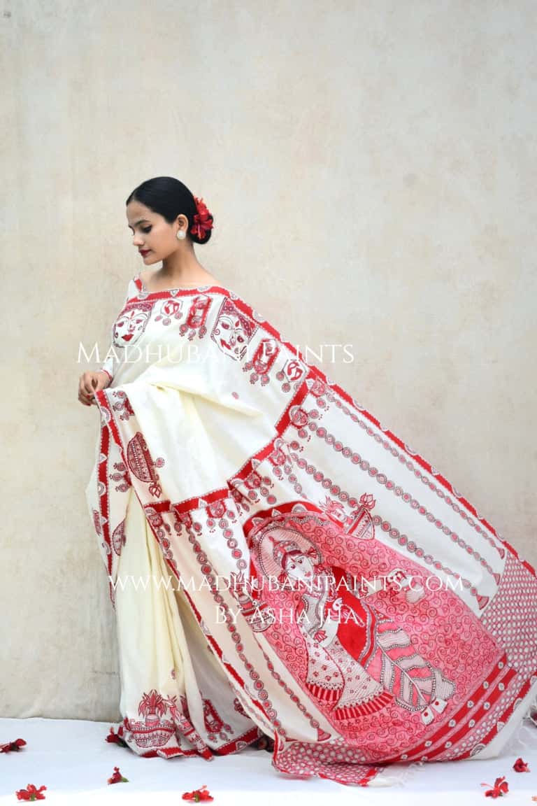 'BRAHMCHARINI' Handpainted Madhubani Bishnupuri Silk Saree Blouse Set — image 8 of 12