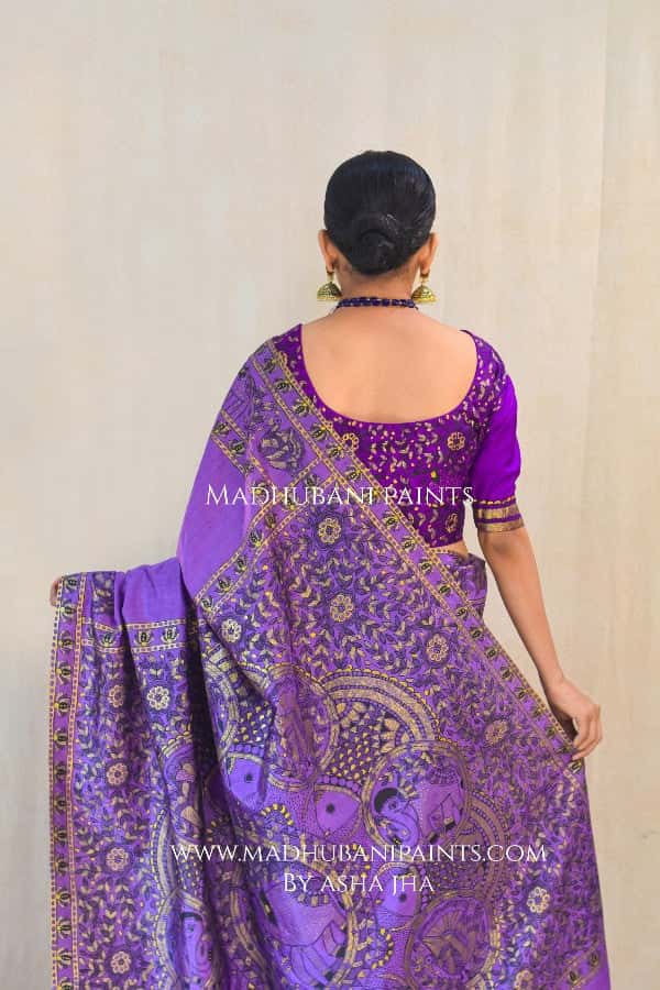 BAIGNI HAATHI Madhubani Handpainted Bishnupuri Silk Saree Blouse Set — image 5 of 10