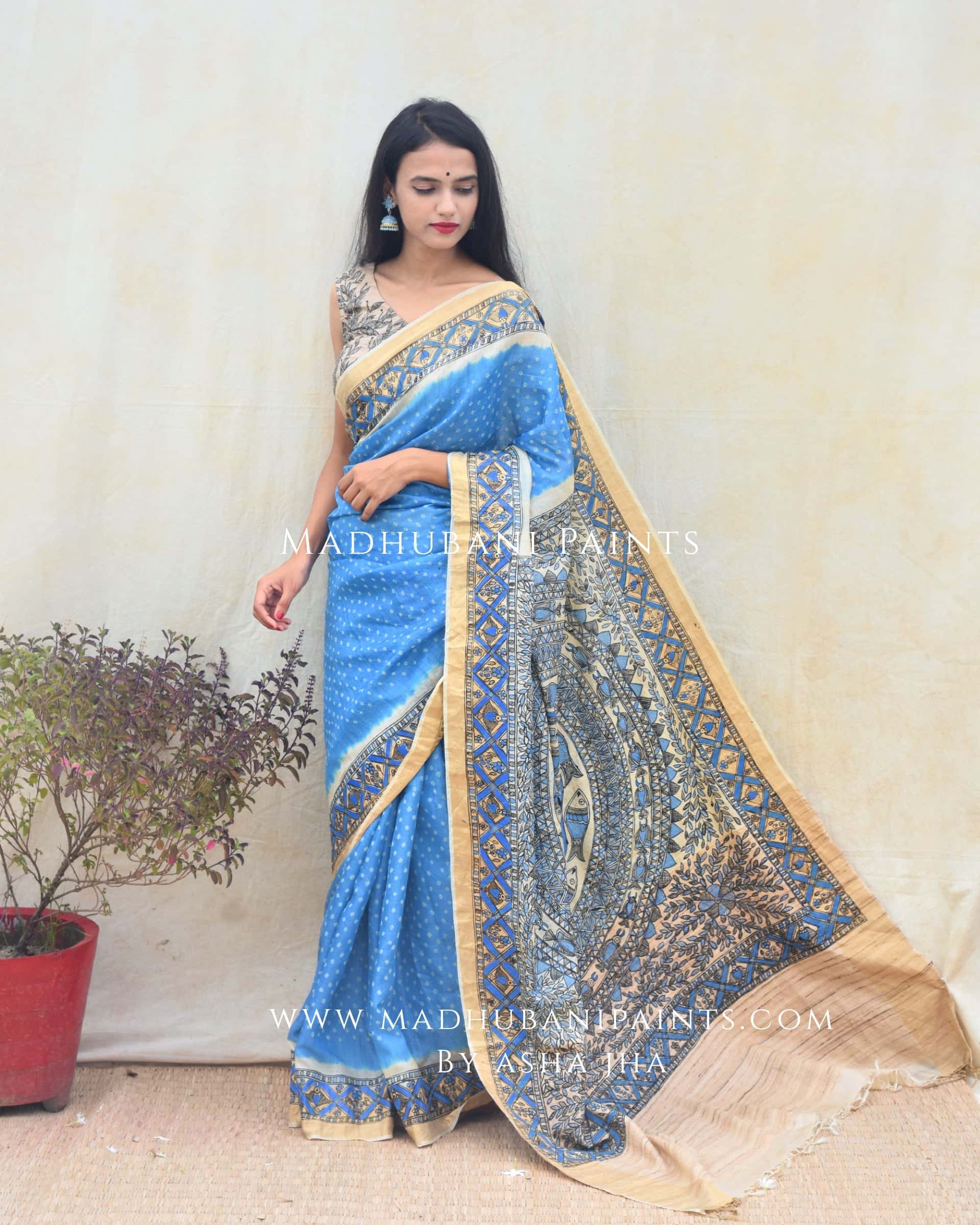 'AASMANI' Madhubani Hand-painted Bandhani Tussar Silk Saree — image 2 of 7
