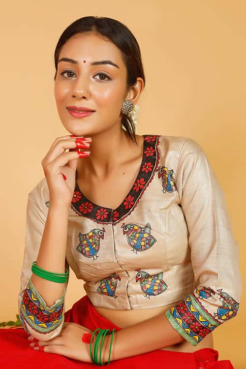 'Tripura' Handpainted Madhubani Tussar Silk Blouse — image 2 of 7
