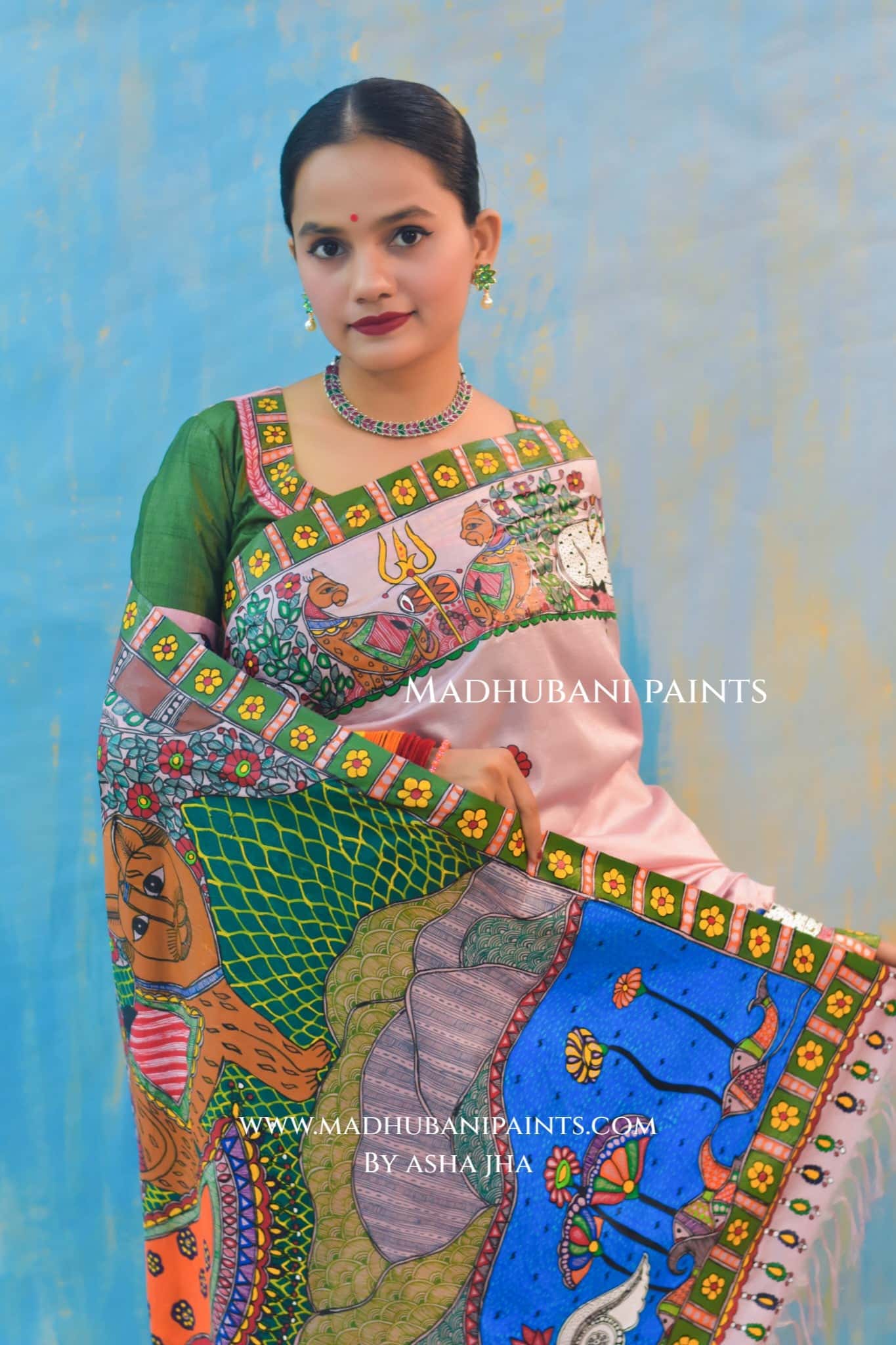 UMAMAHESHWAR ARDHNARISHWAR Hand-painted Madhubani Tussar Silk Saree — image 5 of 6