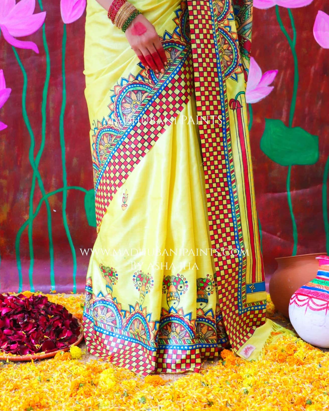 "KAMAKSHI" Handpainted Madhubani Tussar Silk saree blouse set — image 4 of 12
