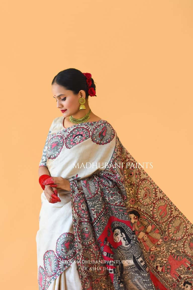 'SUNDARI' Handpainted Madhubani Tussar Silk Saree Blouse Set — image 10 of 11