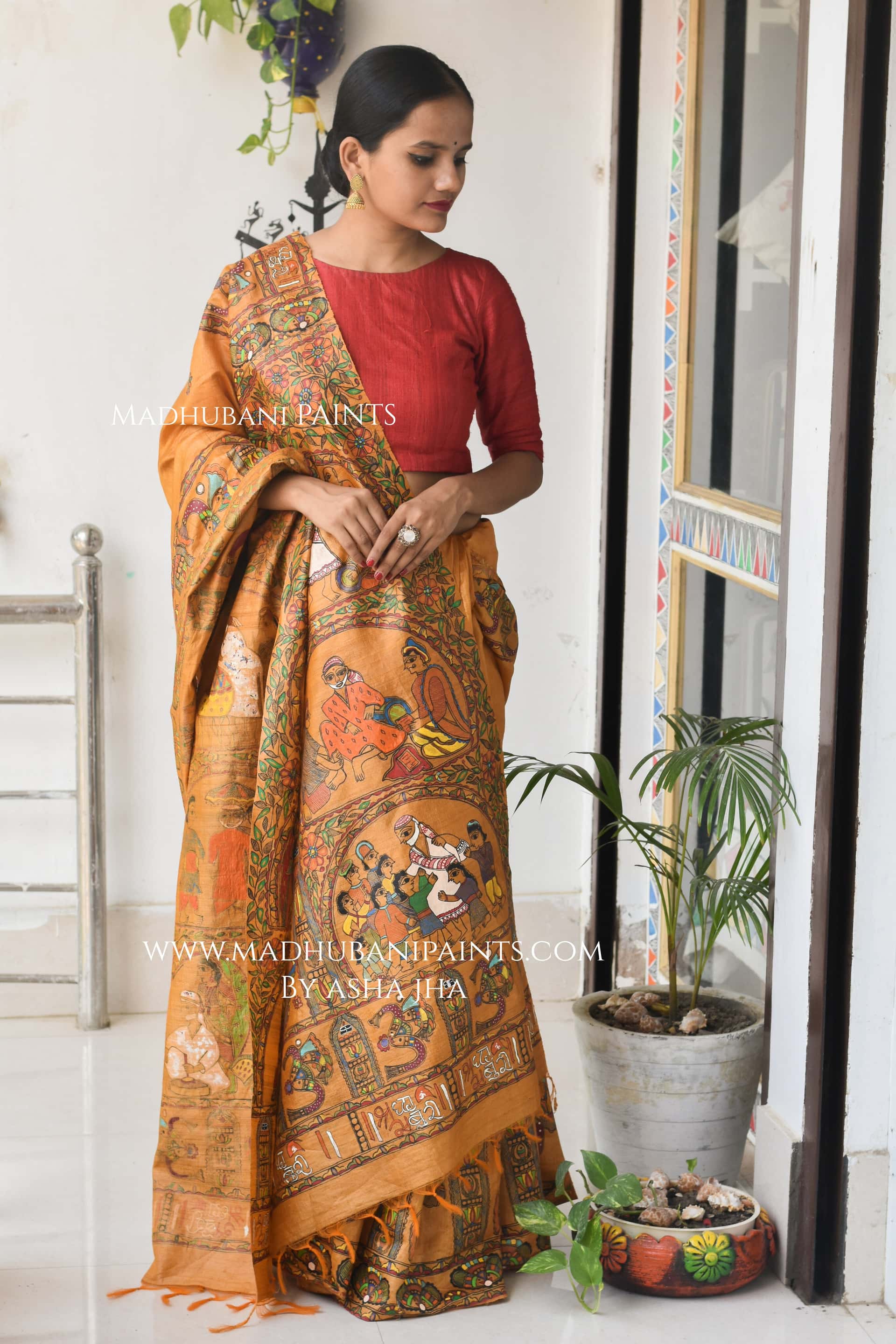 'SAI BABA' Handpainted Madhubani Tussar Silk Saree — image 4 of 8