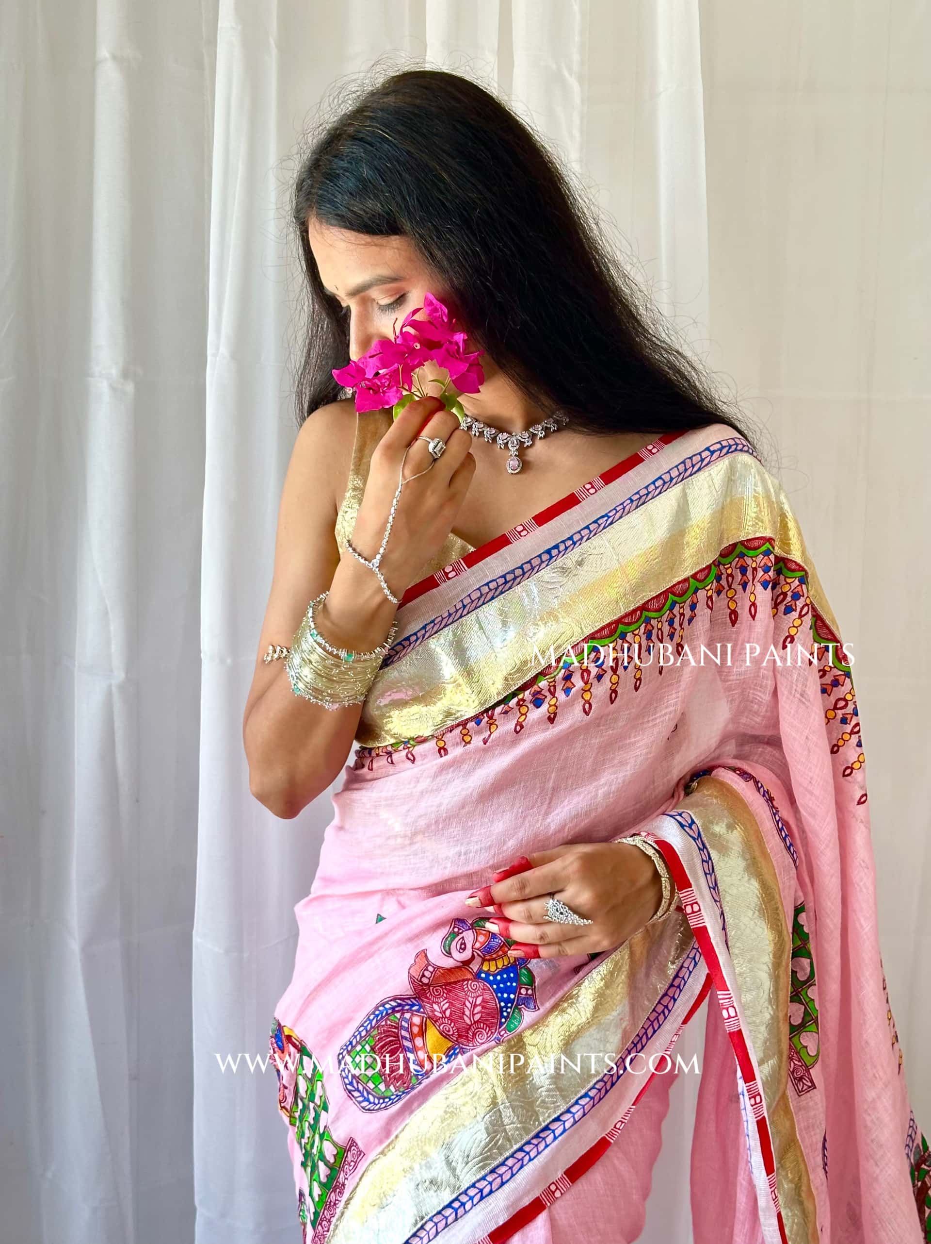 Gulabi Bridal Hand-painted Madhubani Painting Saree Blouse Set — image 6 of 10