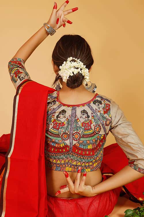 'Mithila Gudiyaa' Handpainted Madhubani Tussar Silk Blouse — image 3 of 5