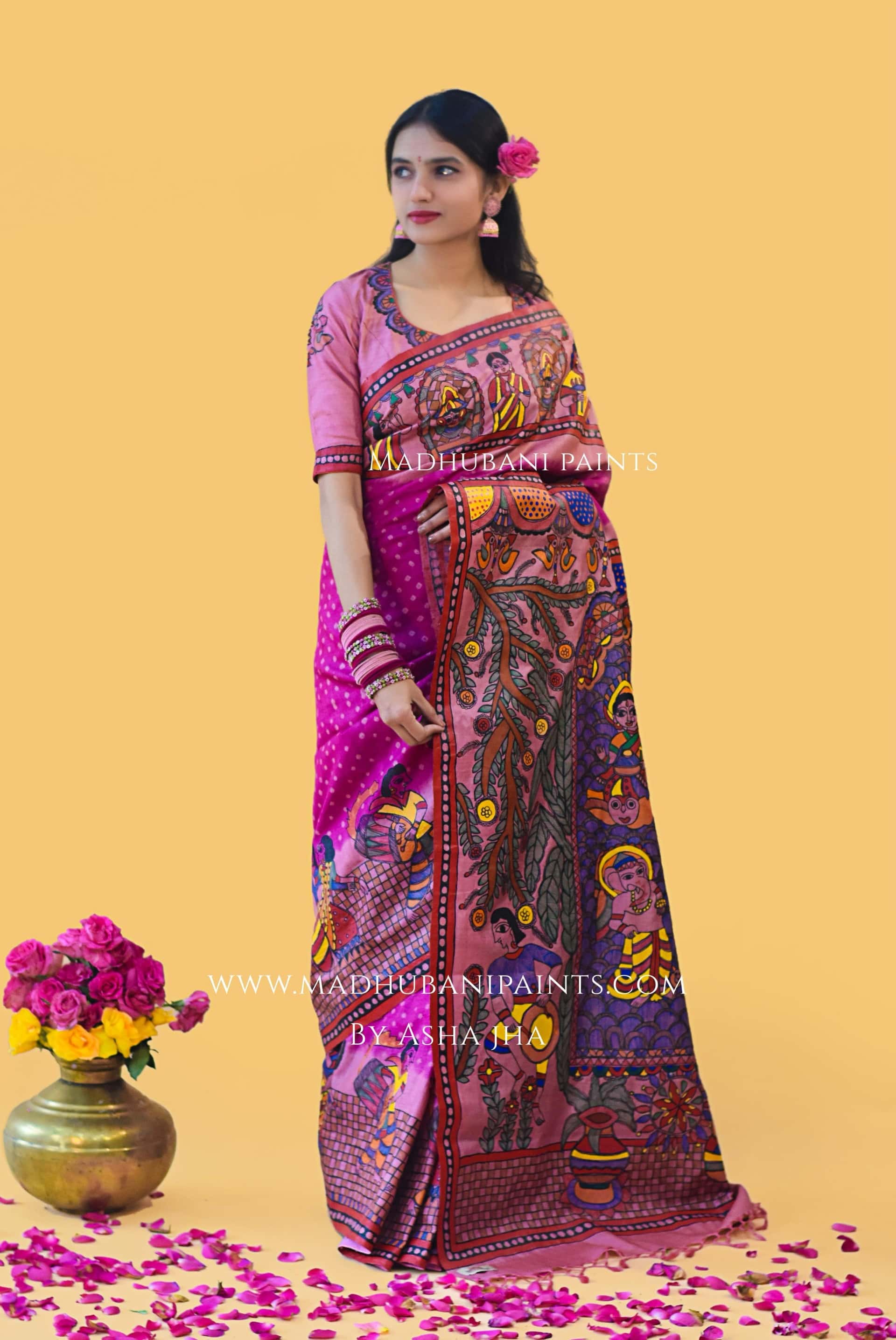 "GULABI DURGA" Handpainted Madhubani Bandhini Tussar Silk Saree — image 3 of 6