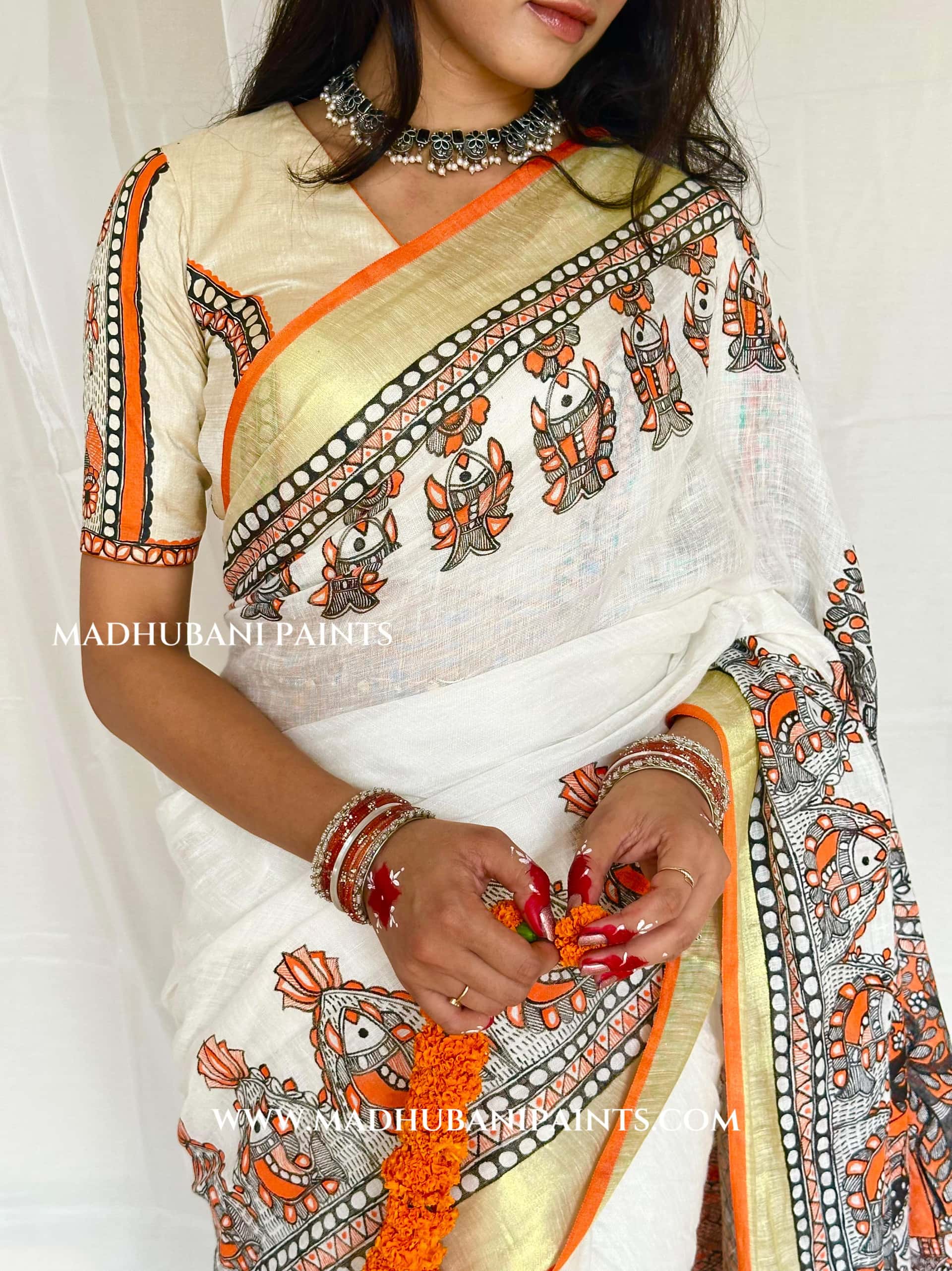 Linen Radha Krishna Hand-painted Madhubani Painting Saree — image 2 of 9