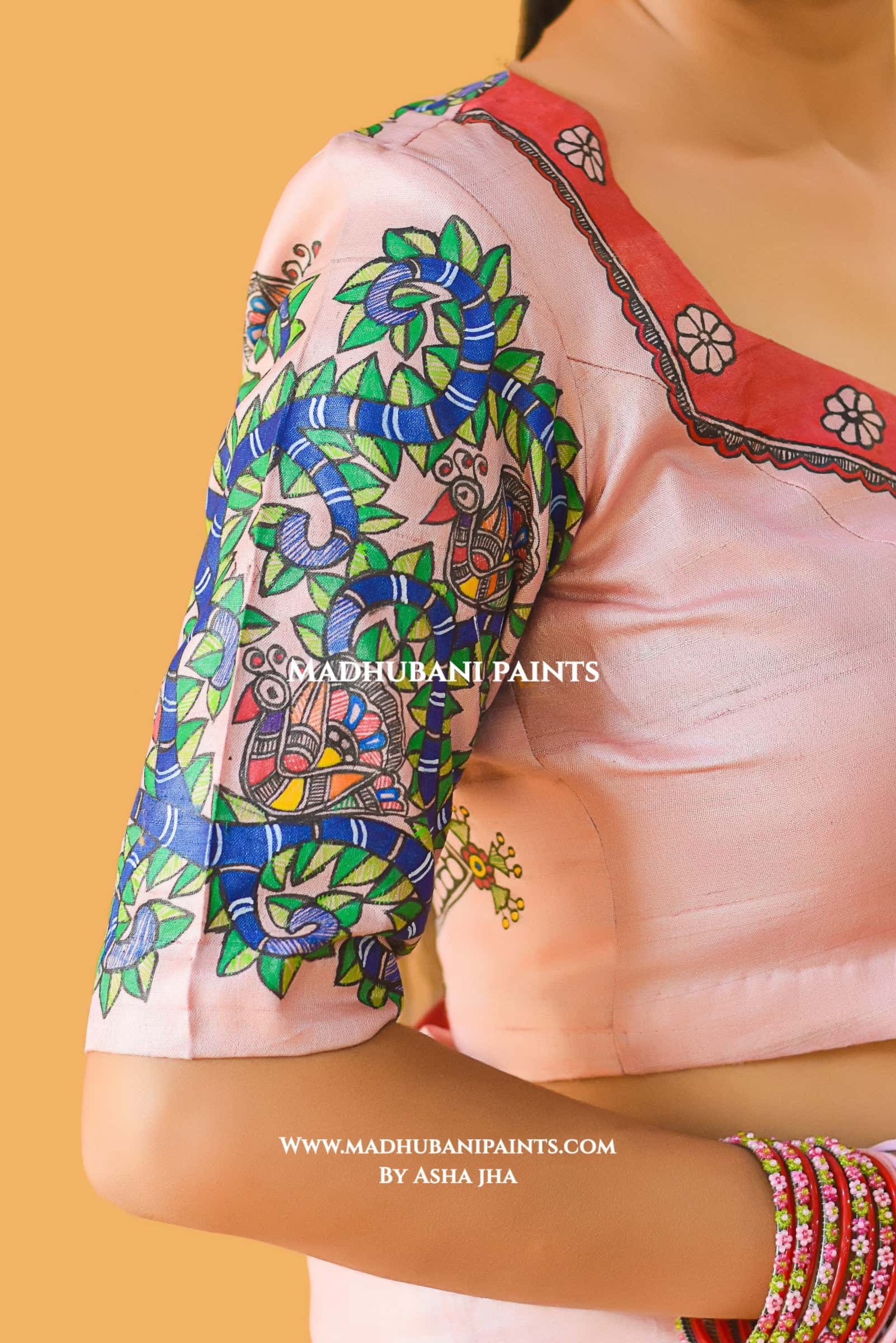 "RAMAYAN STUTI" Hand-painted Madhubani Tussar Silk Blouse — image 2 of 4