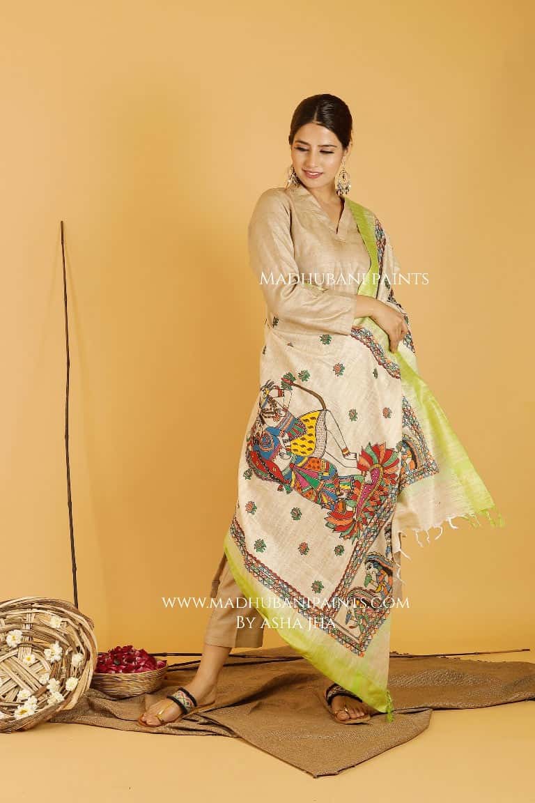 Shiva-Parvati Madhubani Handpainted Pure Handloom Cotton Dupatta — image 2 of 2
