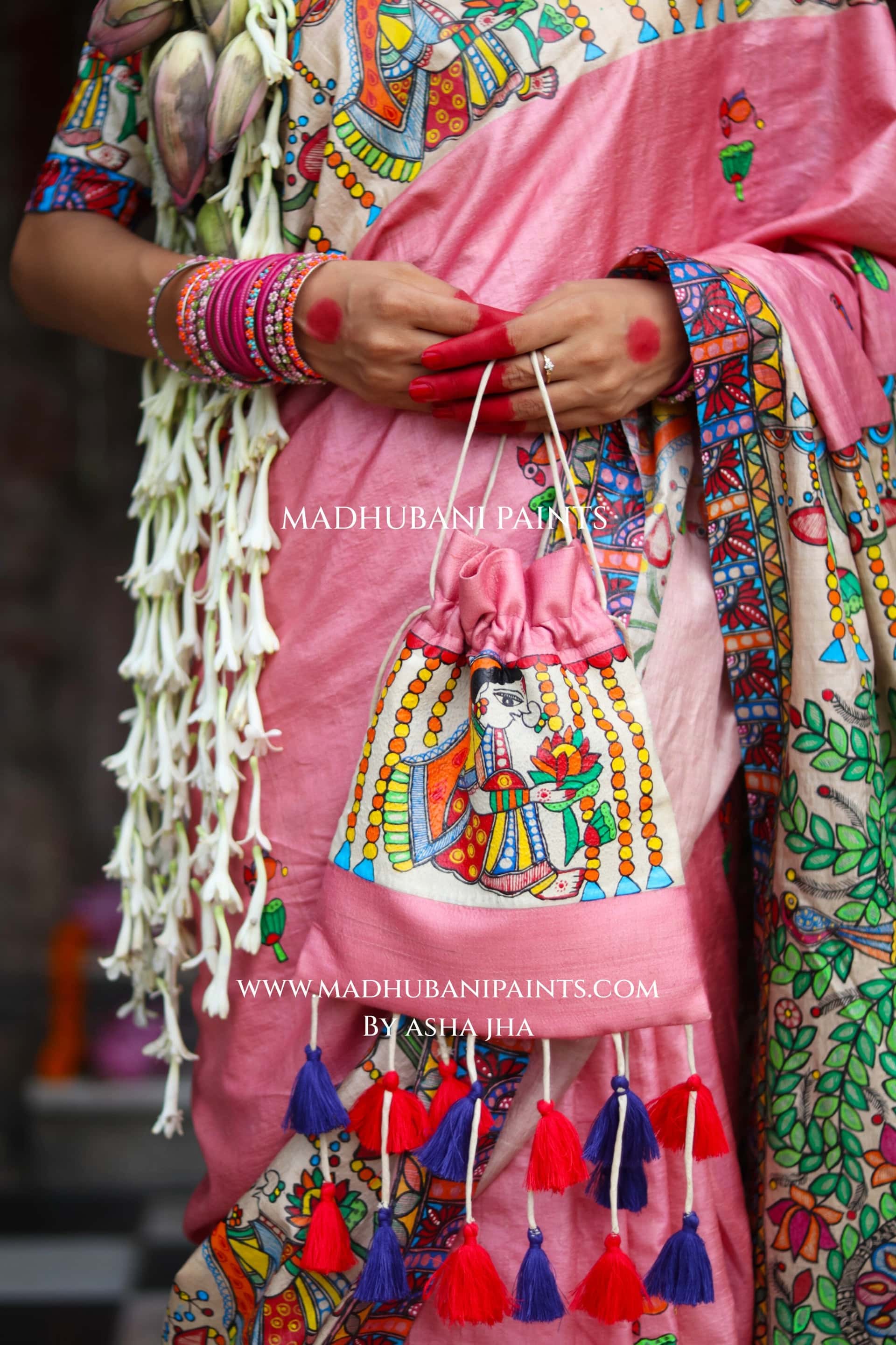 Durga Ji Ki Palki Handpainted Tussar Silk Madhubani Potli — image 2 of 2