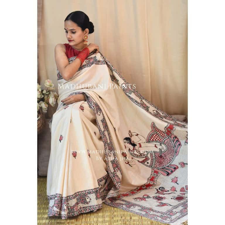 'MATSYA AVATAR' Handpainted Madhubani Tussar Silk Saree — image 11 of 12
