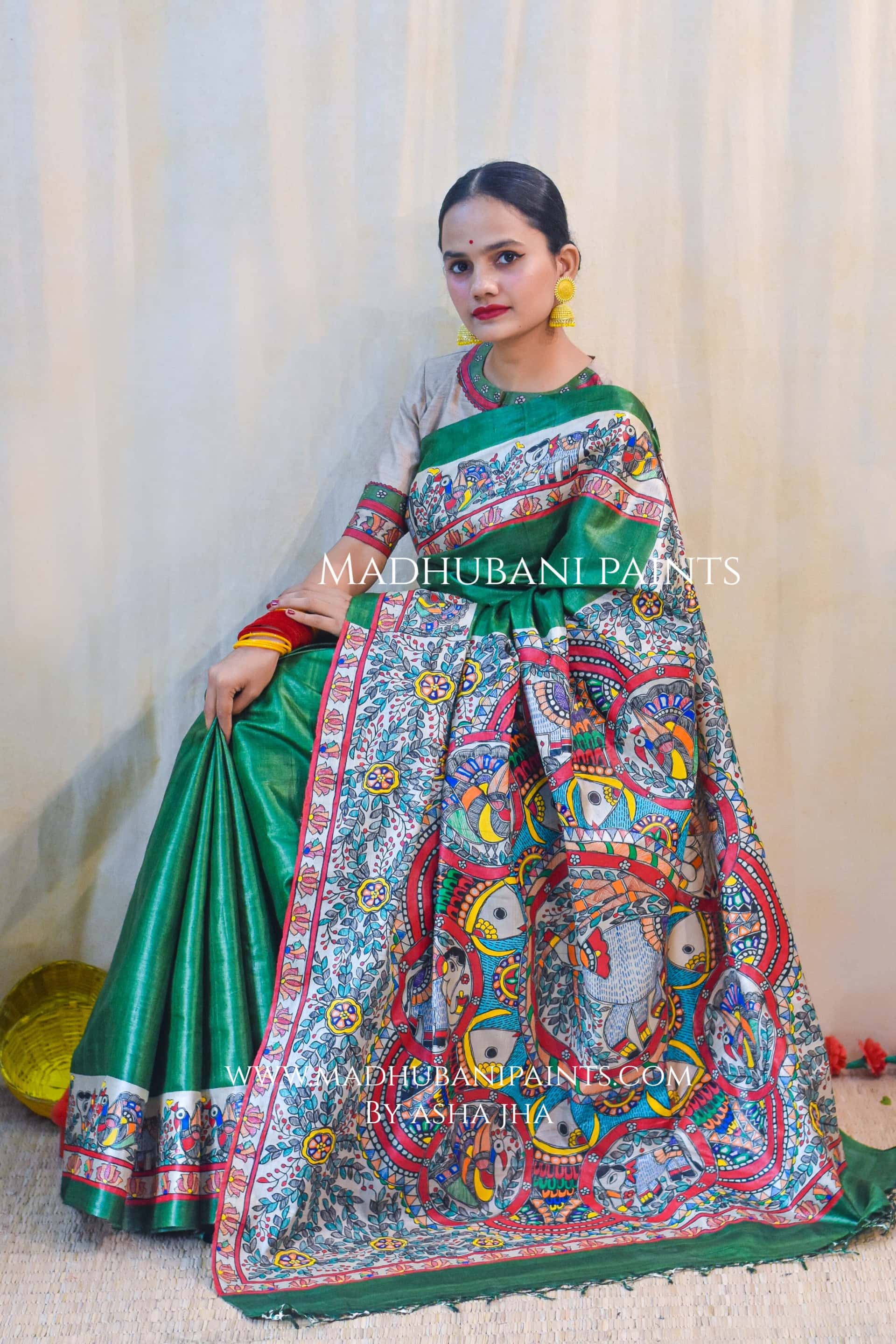 'HARIYALI'  Handpainted Madhubani Tussar Silk Saree — image 2 of 9