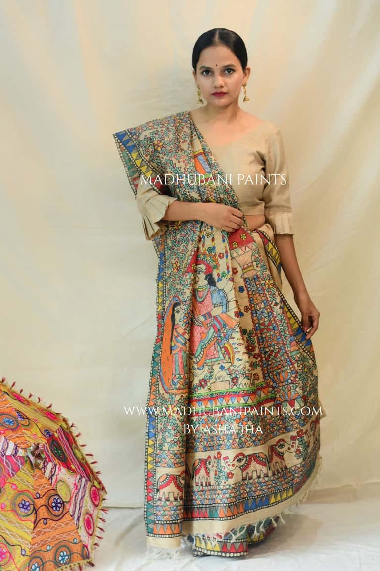 'DURGA DEVI' Handpainted Madhubani Tussar Silk Saree — image 4 of 5