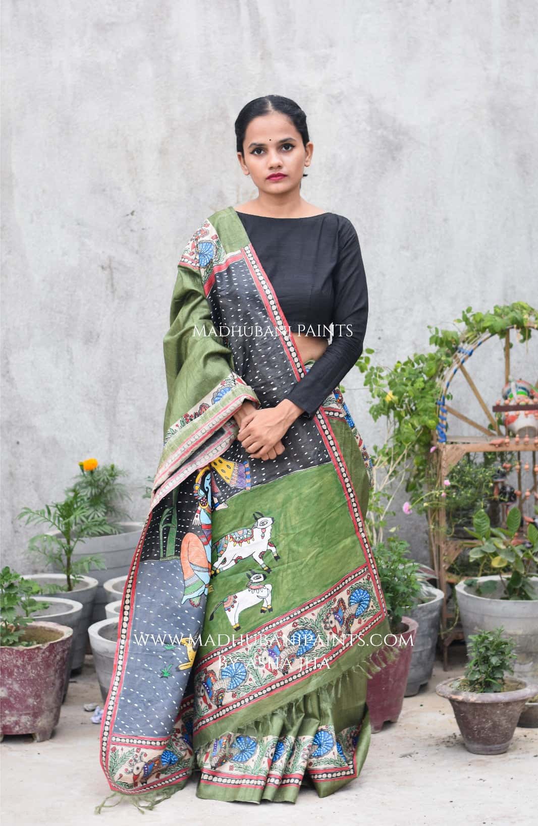 Krishna Baarish Madhubani Hand-painted Saree — image 3 of 3